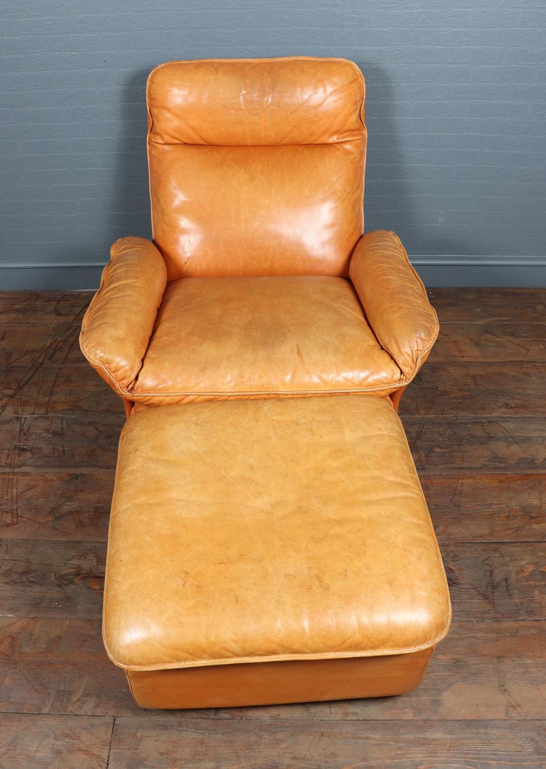 Mid-20th Century De Sede Leather Armchair and Foot Stool Model DS49