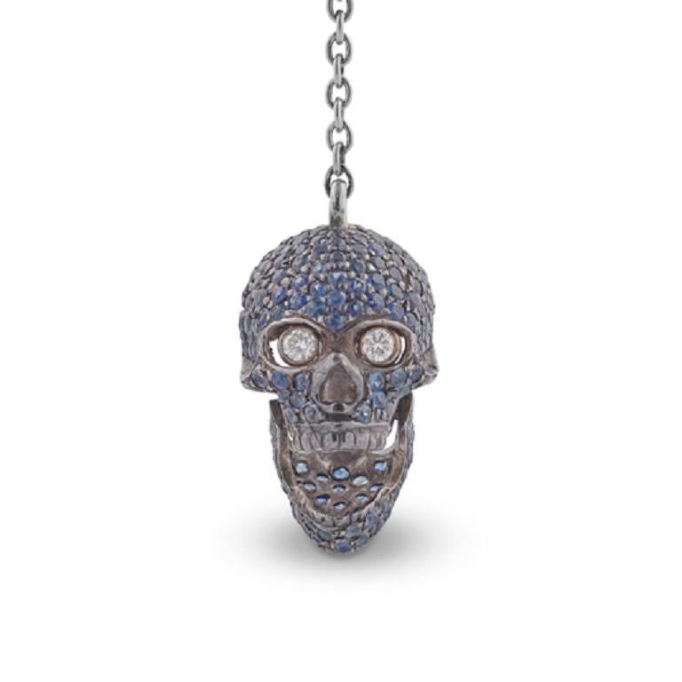 Contemporary Deakin & Francis Pair of 18 Karat Gold Pave Set Sapphire Skull Earrings For Sale