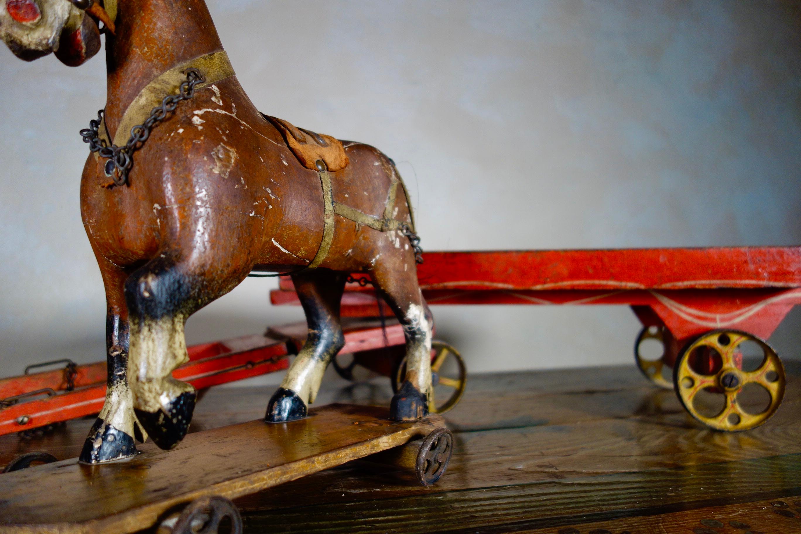 Decorative Antique 19th Century Painted Polychrome Folk Carved Pull Horse Toy 7