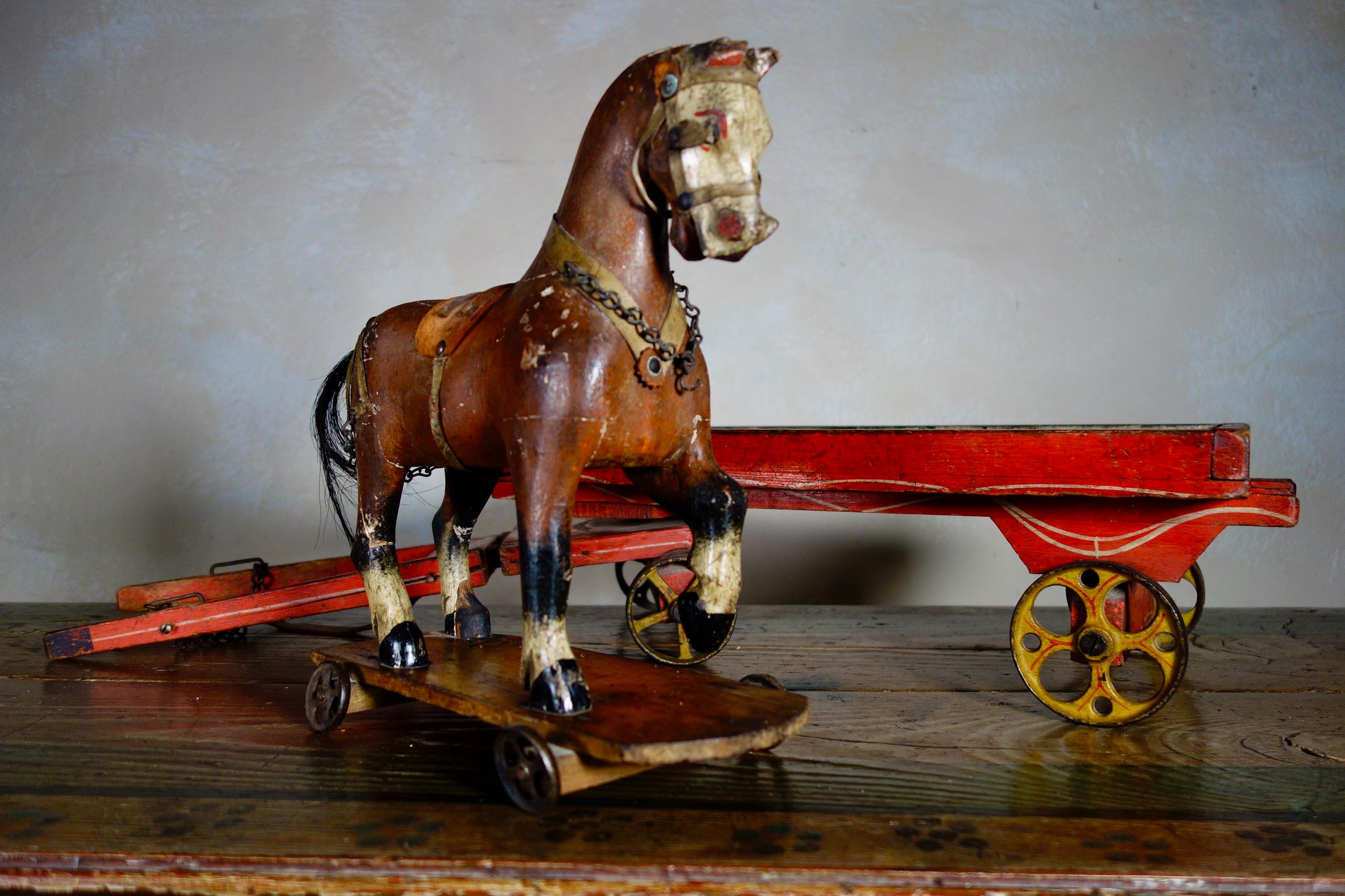 Decorative Antique 19th Century Painted Polychrome Folk Carved Pull Horse Toy 3