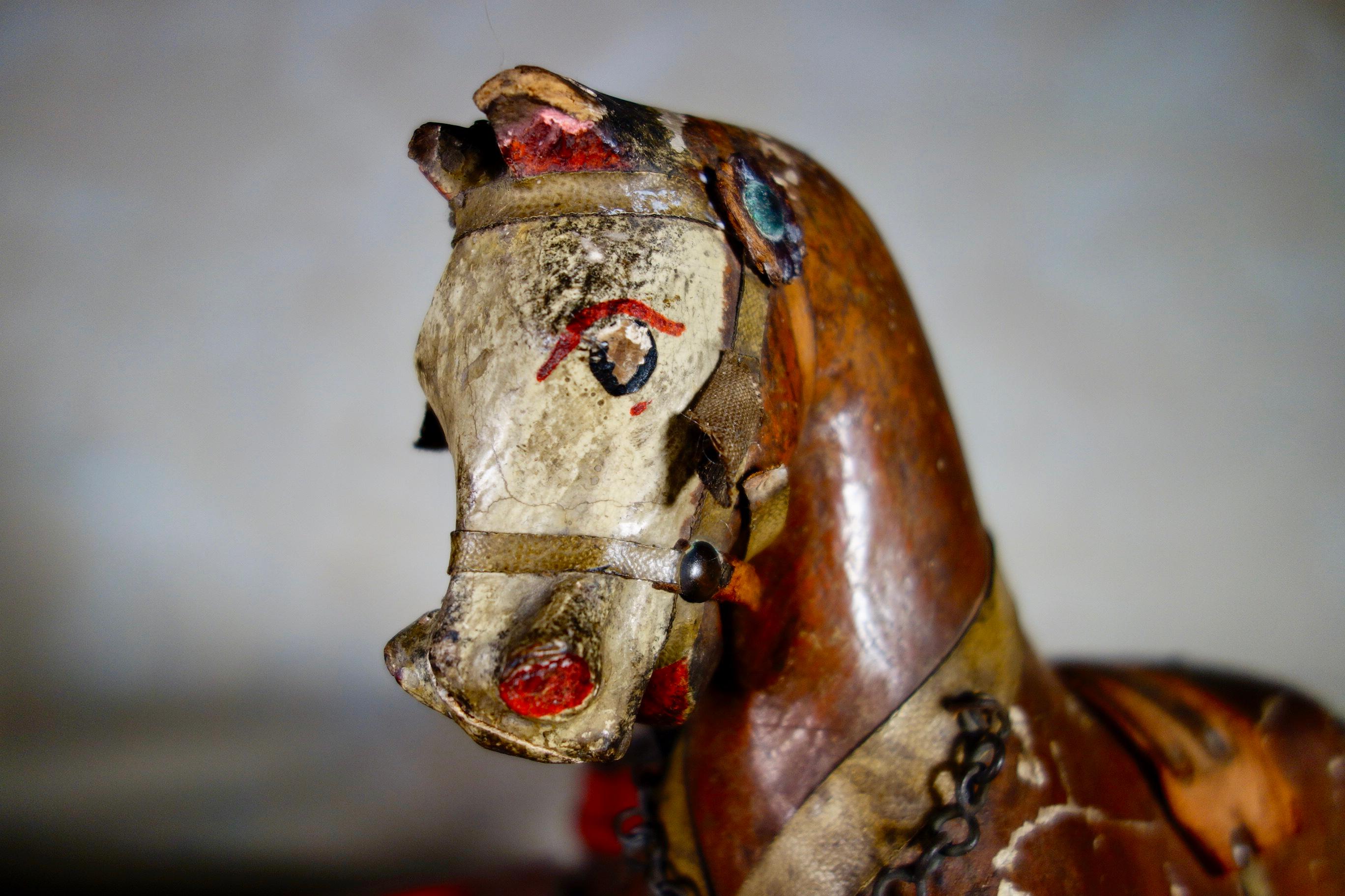 Decorative Antique 19th Century Painted Polychrome Folk Carved Pull Horse Toy 4