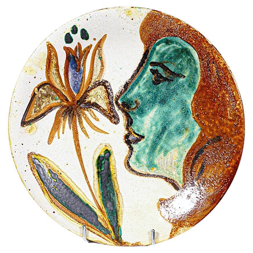 Piatto decorativo in ceramica di Simone Picault Vallauris Francia anni '70