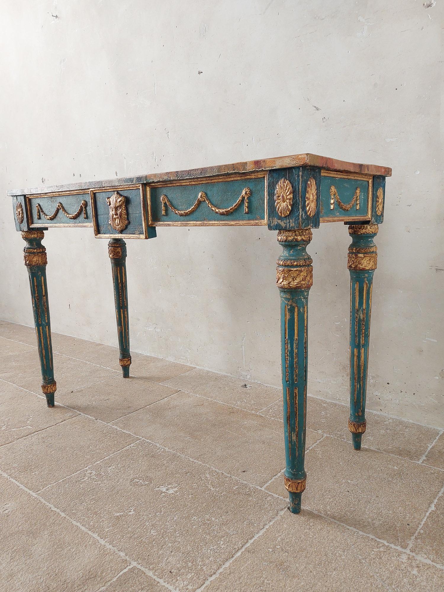 20th Century Neoclassical Italian Blue and Gold patinated Console Table with Faux Marble top For Sale