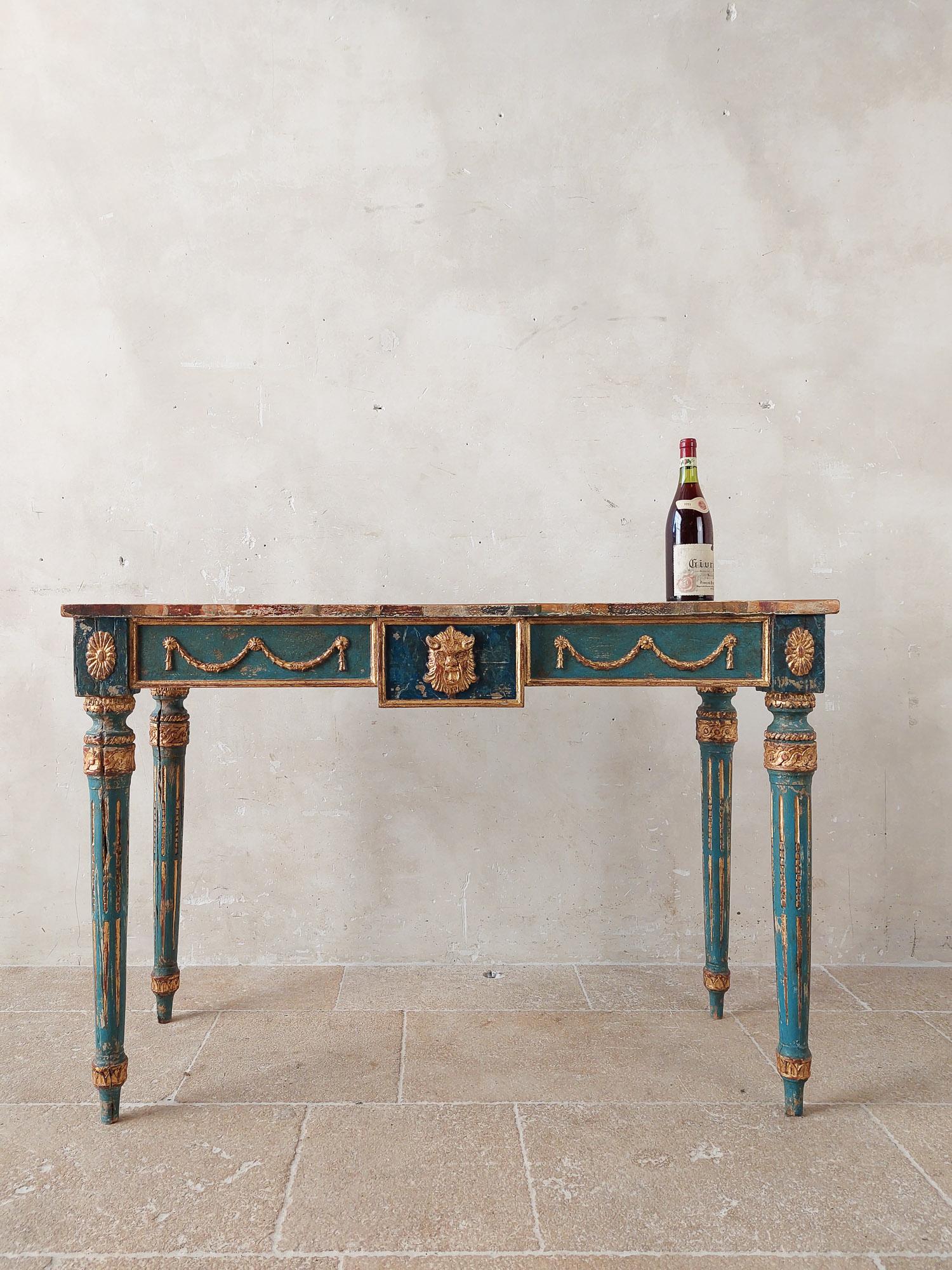 Wood Neoclassical Italian Blue and Gold patinated Console Table with Faux Marble top