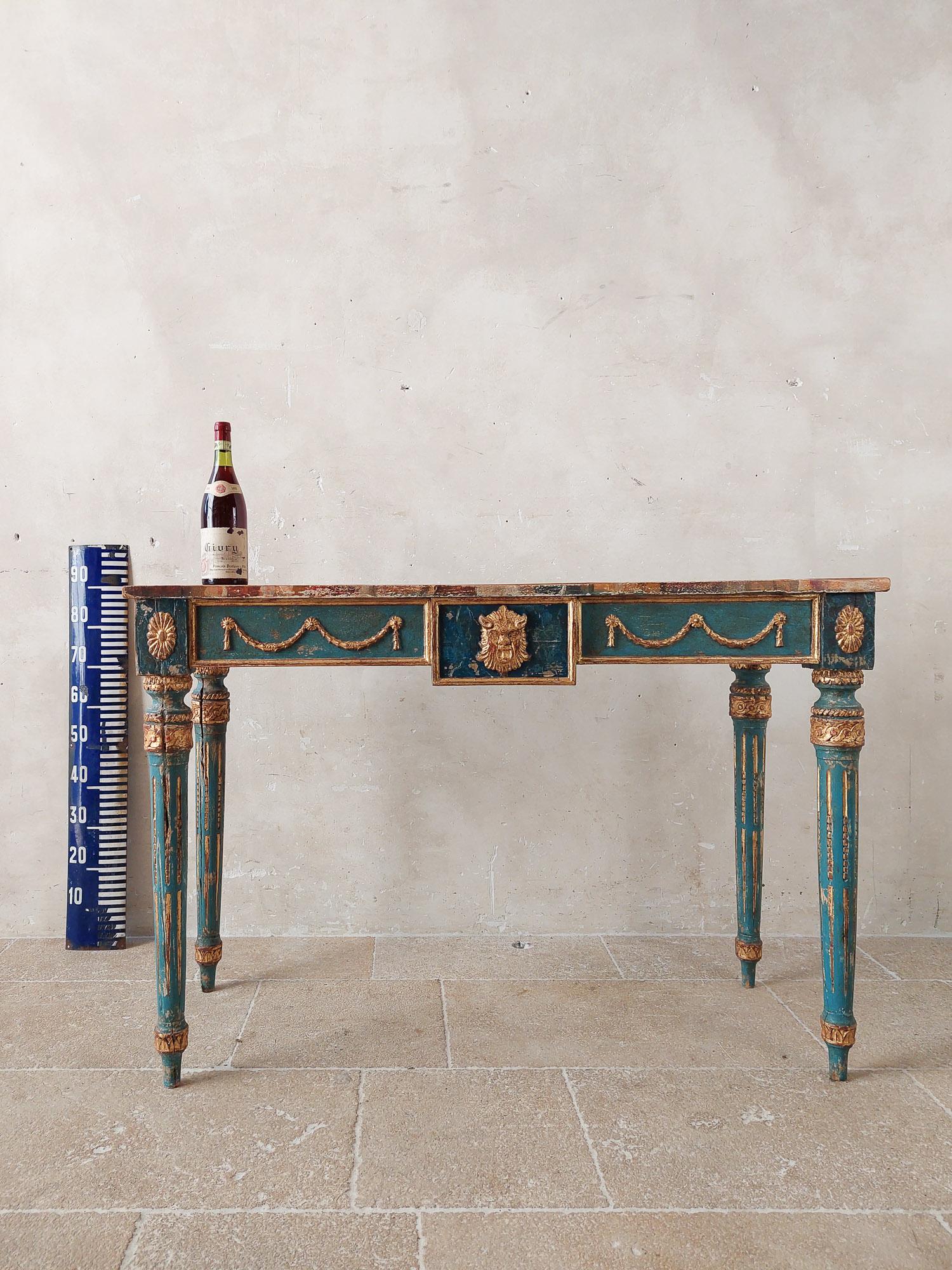 Neoclassical Italian Blue and Gold patinated Console Table with Faux Marble top For Sale 1