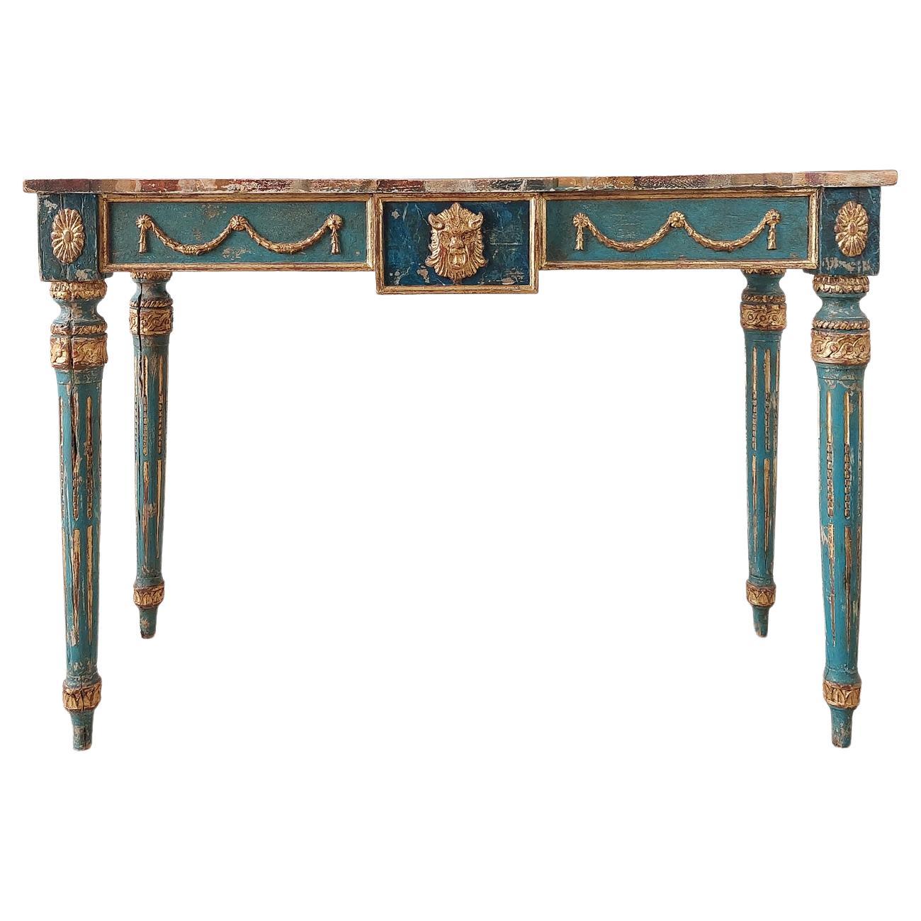 Neoclassical Italian Blue and Gold patinated Console Table with Faux Marble top For Sale