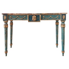 Vintage Neoclassical Italian Blue and Gold patinated Console Table with Faux Marble top