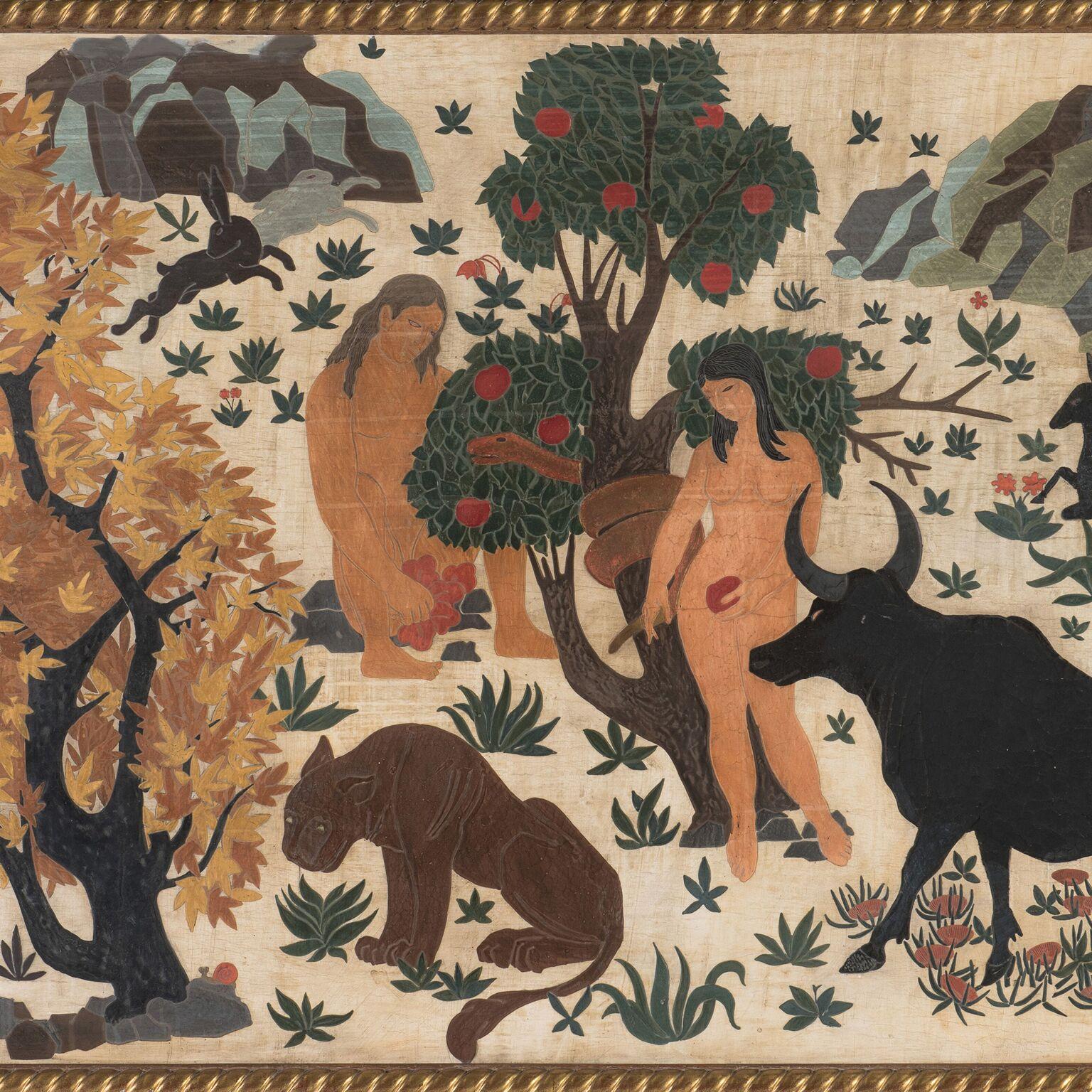 French Decorative Lacquer Wall Panel of Adam and Eve in the Garden of Eden, Art Deco For Sale