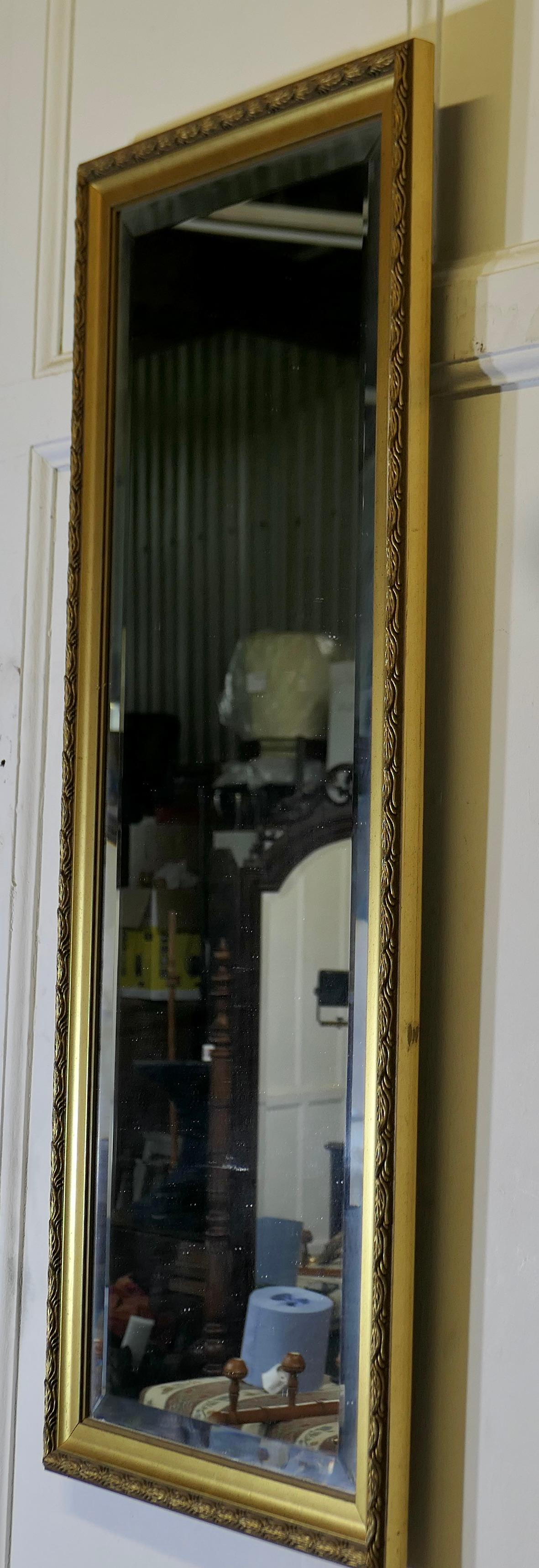 Milieu du XXe siècle Un long miroir décoratif étroit et doré  Une pièce délicieuse, le miroir a en vente