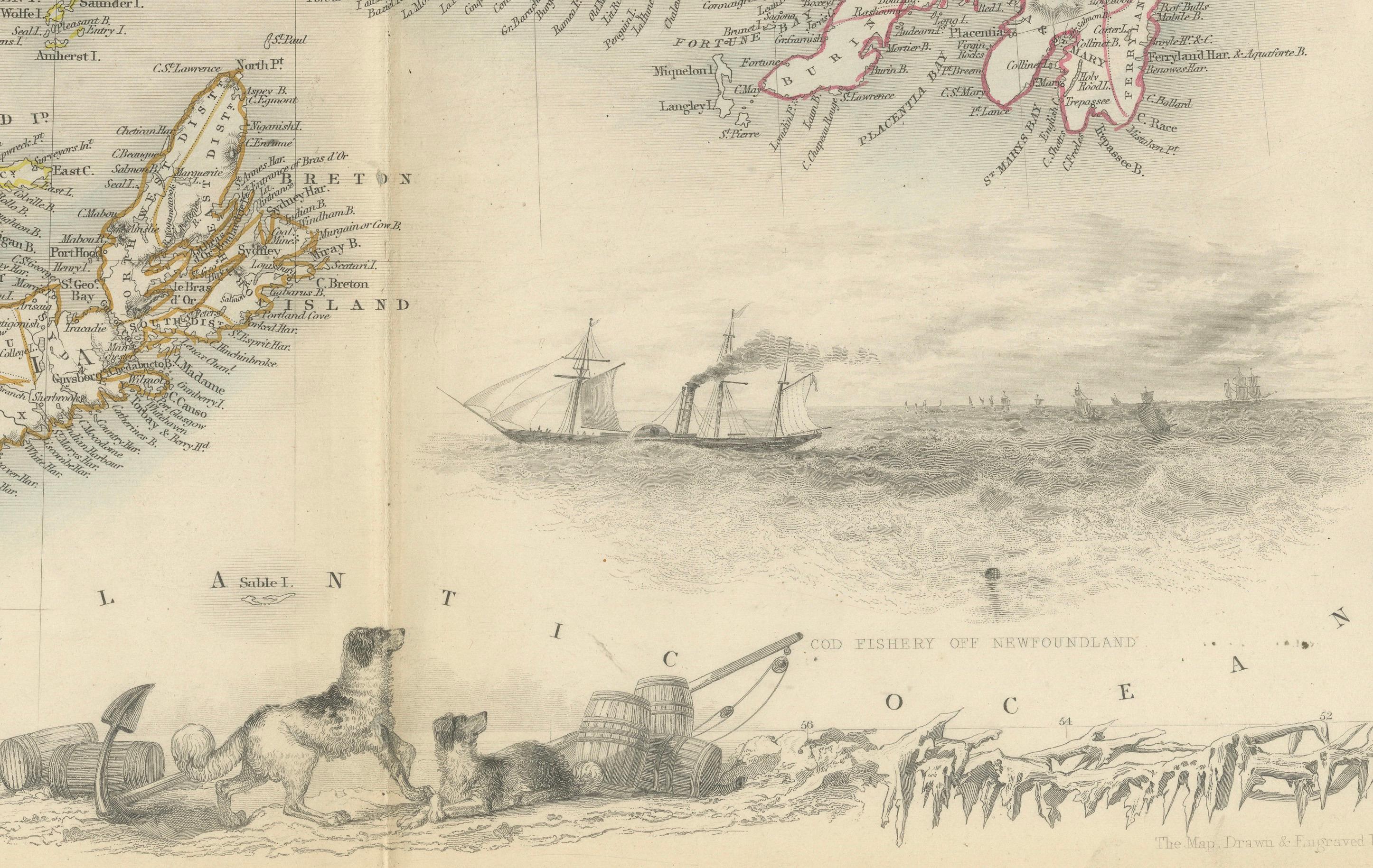 Dekorative Karte von Nova Scotia und Neufundland von John Tallis, 1851 im Zustand „Gut“ im Angebot in Langweer, NL