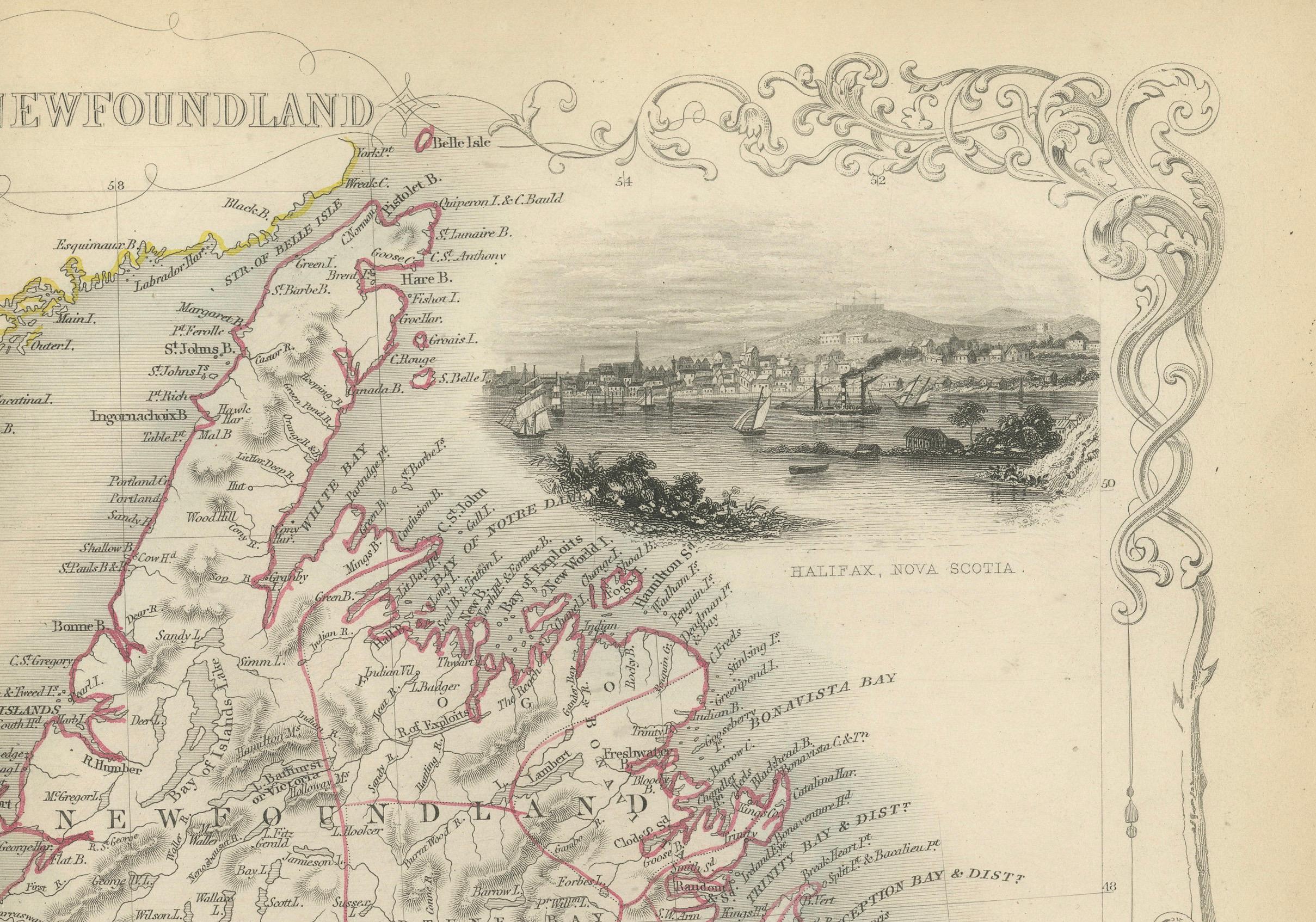 Dekorative Karte von Nova Scotia und Neufundland von John Tallis, 1851 (Mittleres 19. Jahrhundert) im Angebot