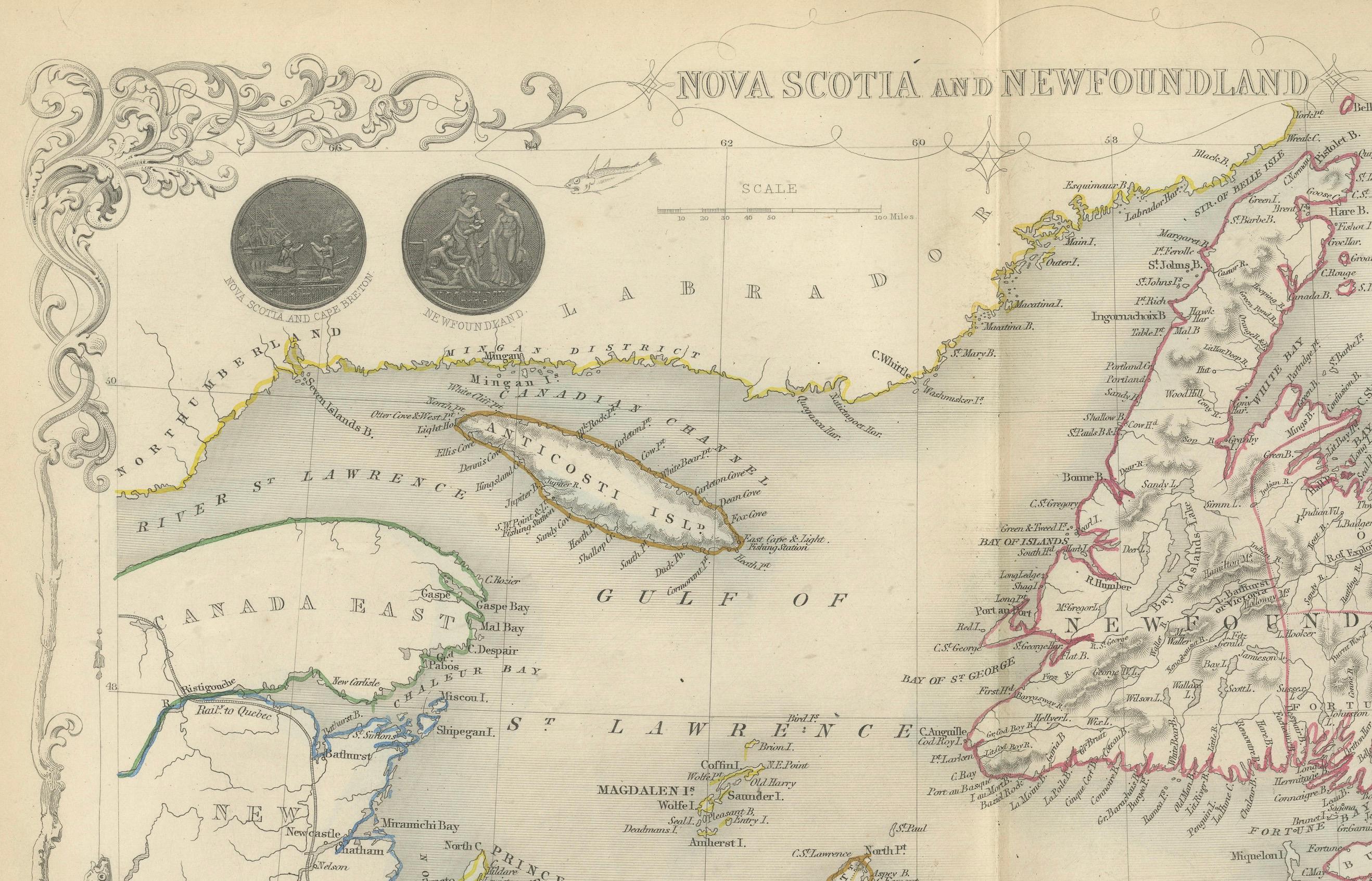 Paper A Decorative Map of Nova Scotia and Newfoundland by John Tallis, 1851 For Sale