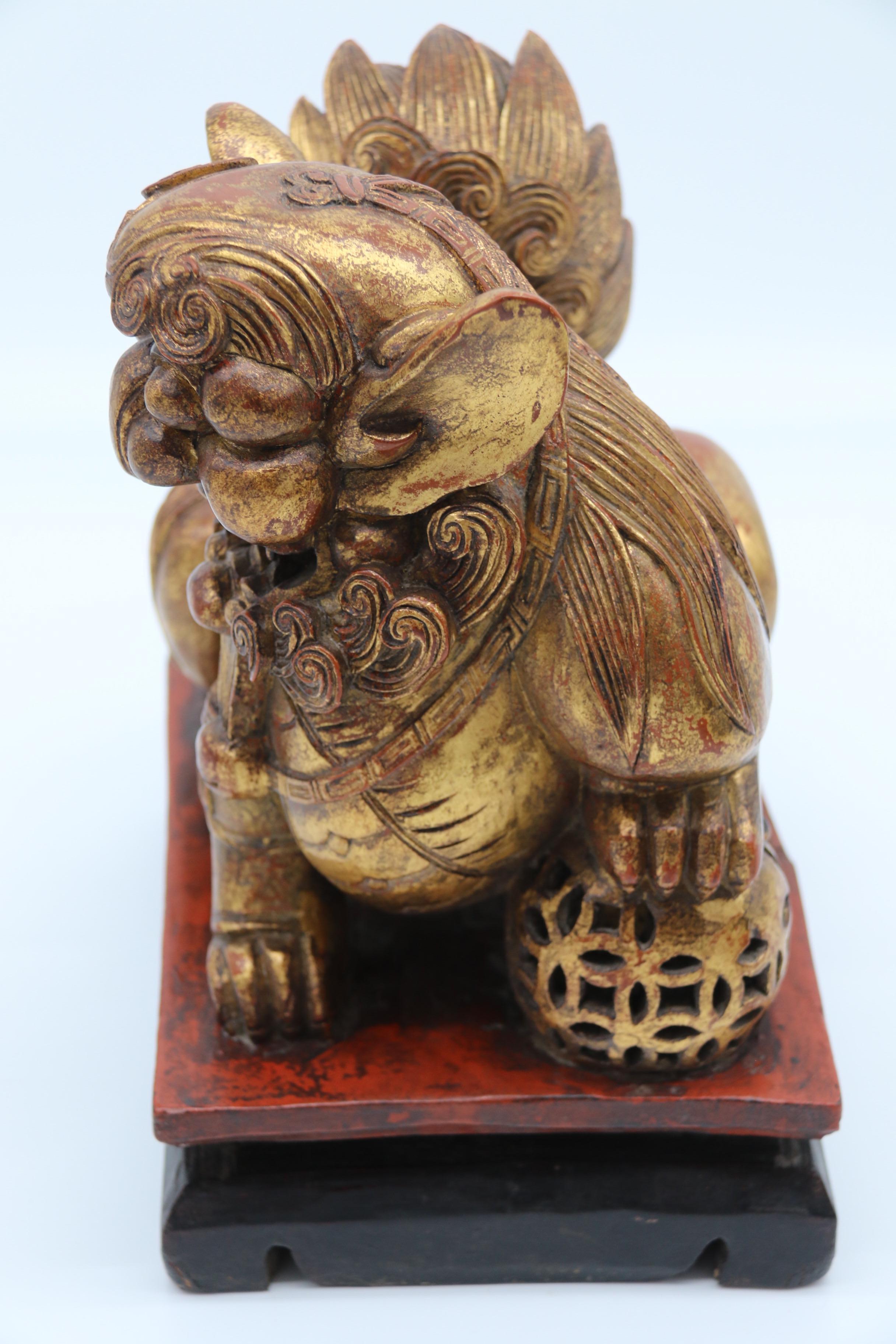 Paire de lions bouddhistes chinois sculptés en bois doré et laqué, vers 1900 en vente 4