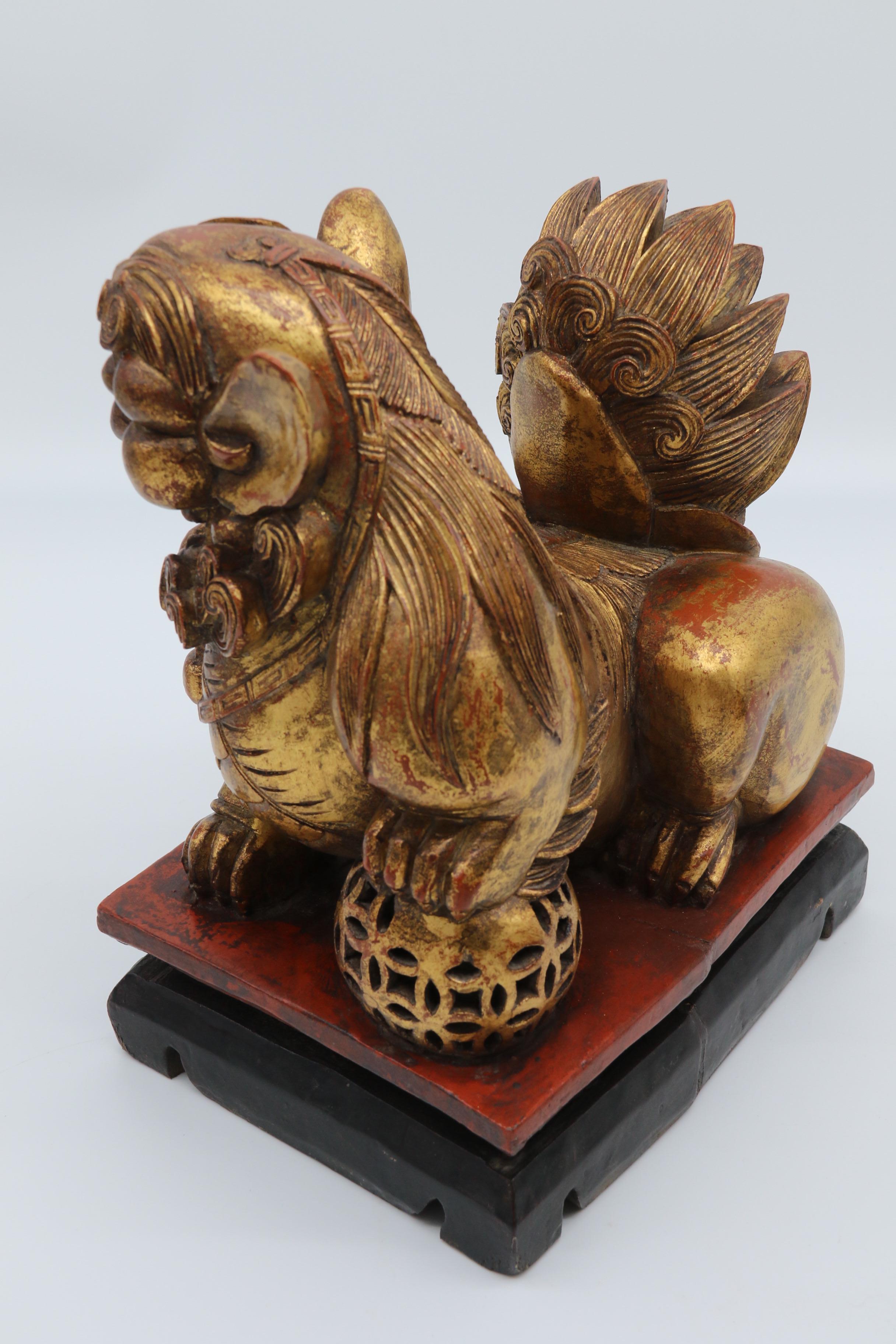 Paire de lions bouddhistes chinois sculptés en bois doré et laqué, vers 1900 en vente 5