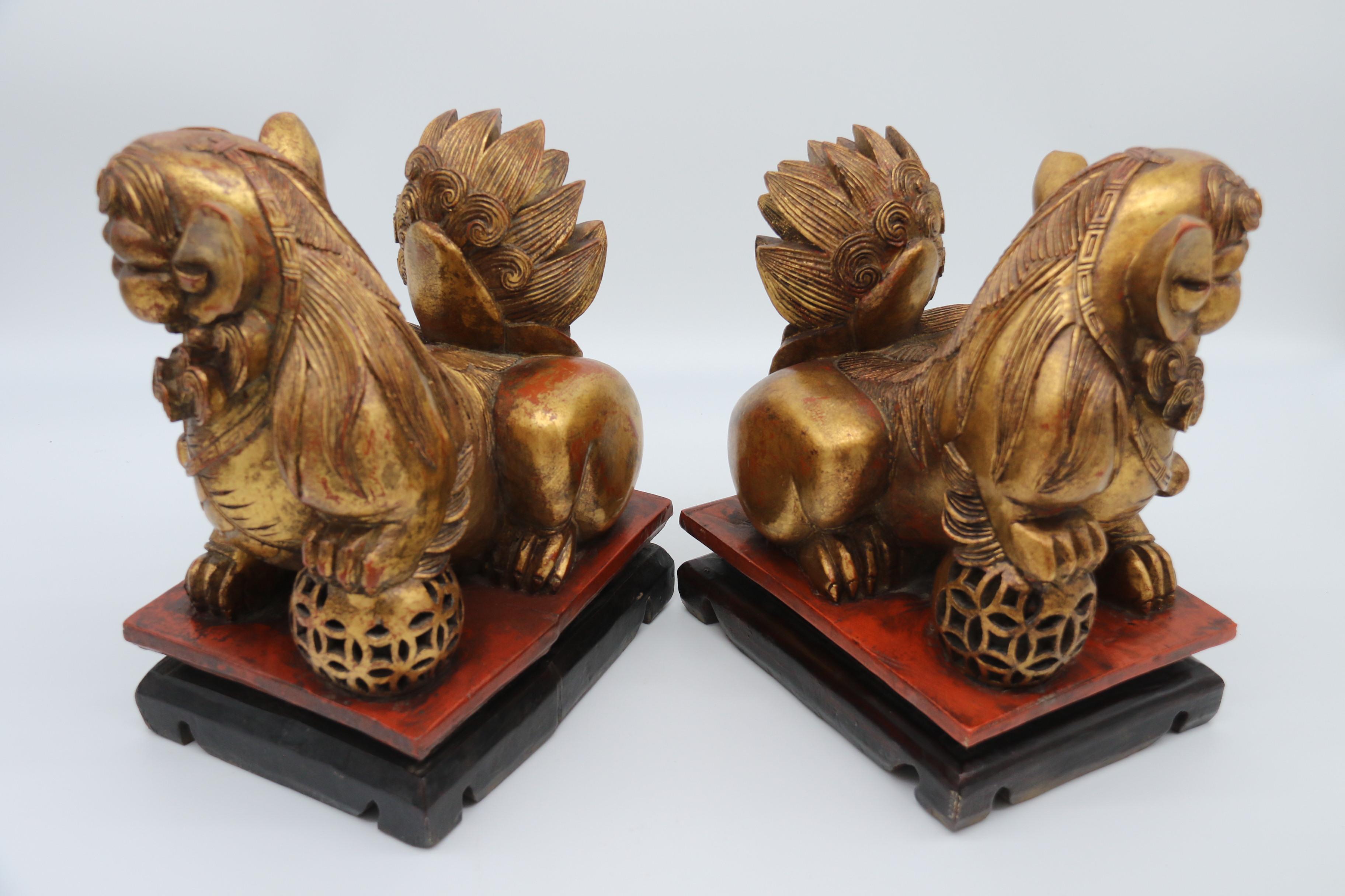 Exportation chinoise Paire de lions bouddhistes chinois sculptés en bois doré et laqué, vers 1900 en vente