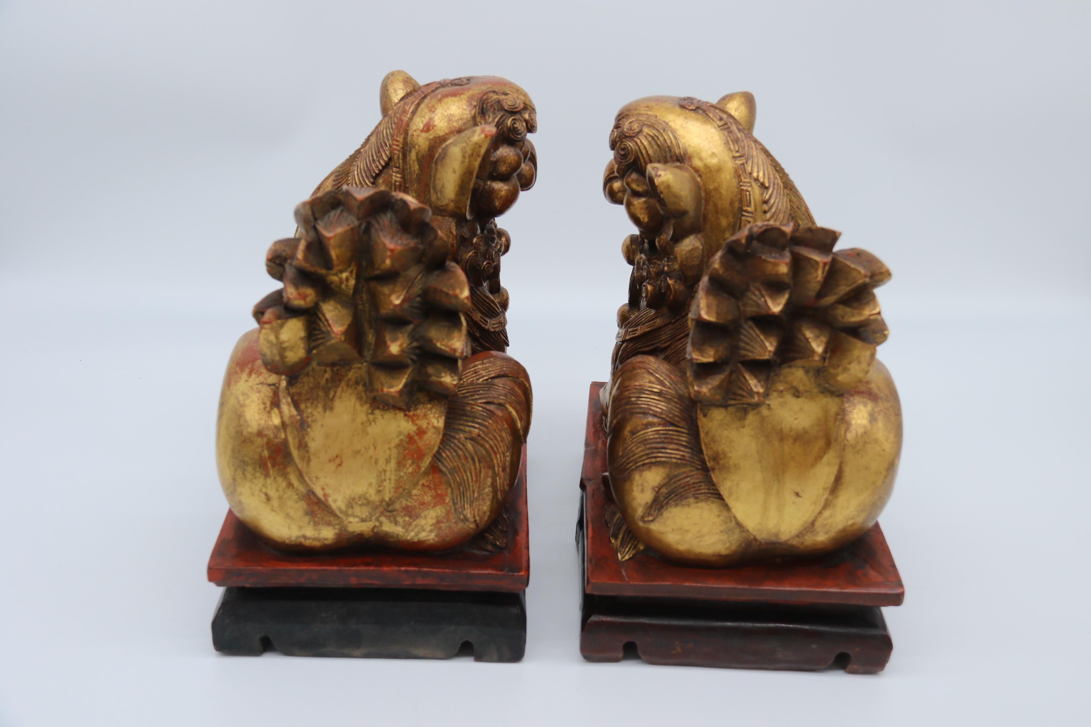 Paire de lions bouddhistes chinois sculptés en bois doré et laqué, vers 1900 Bon état - En vente à Central England, GB