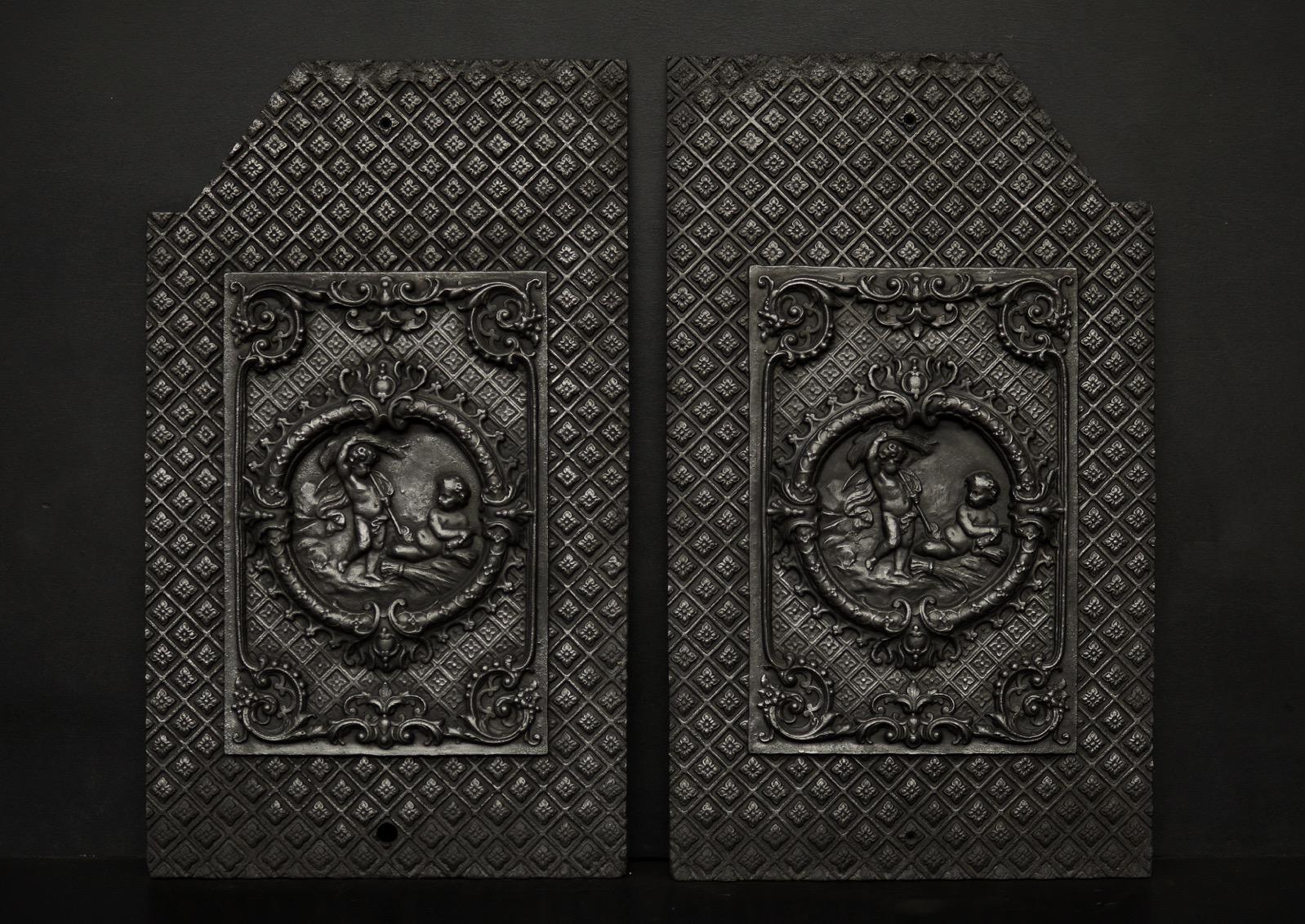 English Decorative Pair of Cast Iron Fireback Interior Panels For Sale