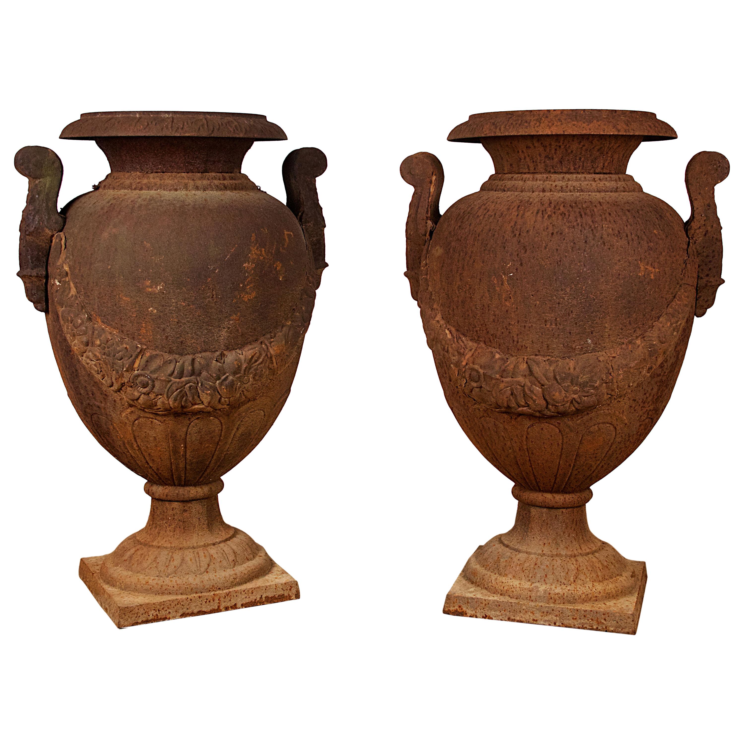 Decorative Pair of Cast Iron Garden Vases in the Early 19th Century Style