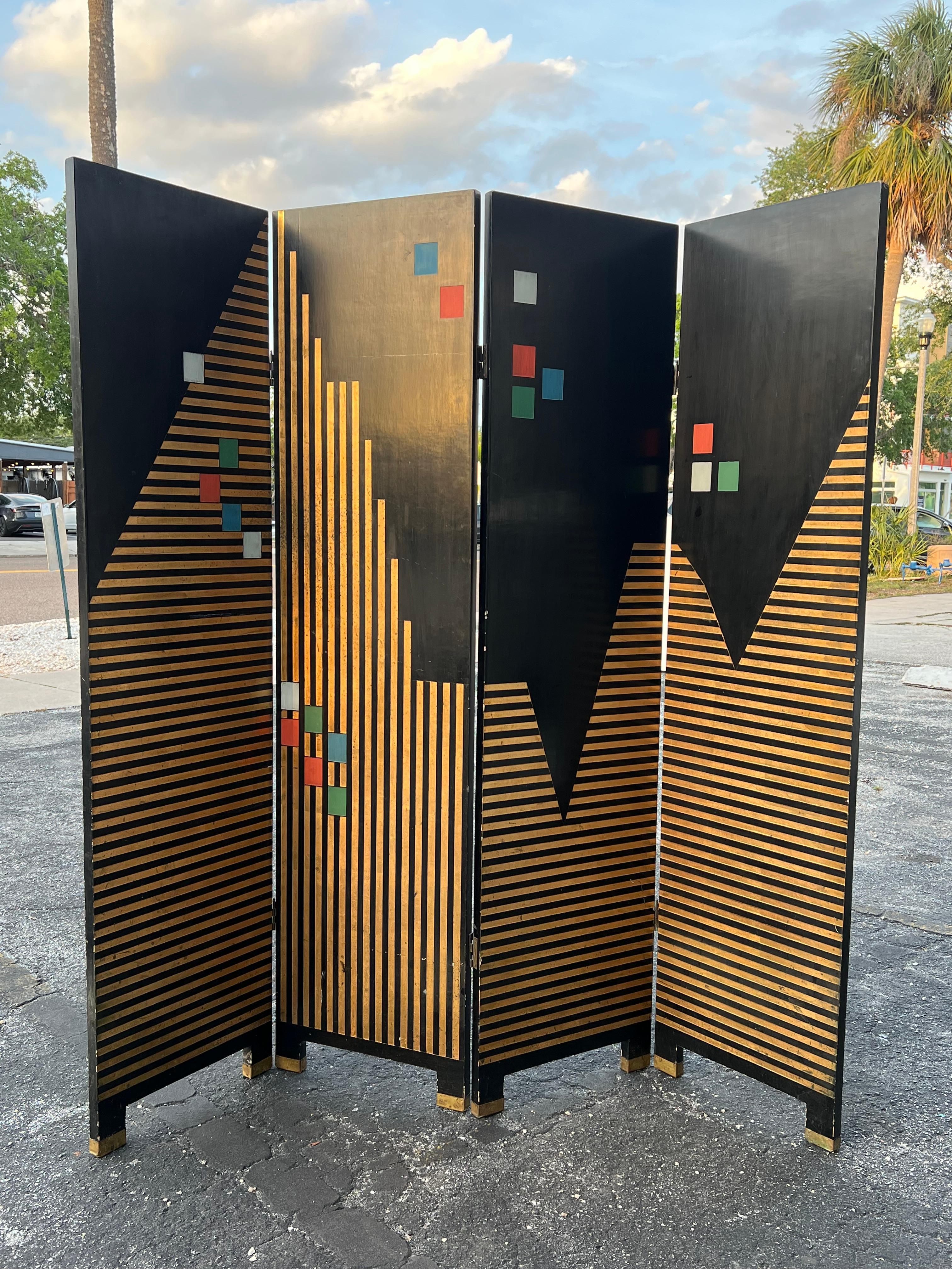 A very interesting Art Deco style screen-city skyline, in black/gold lacquer, ca' 1980's. Folds flat-each of the four panels is 18