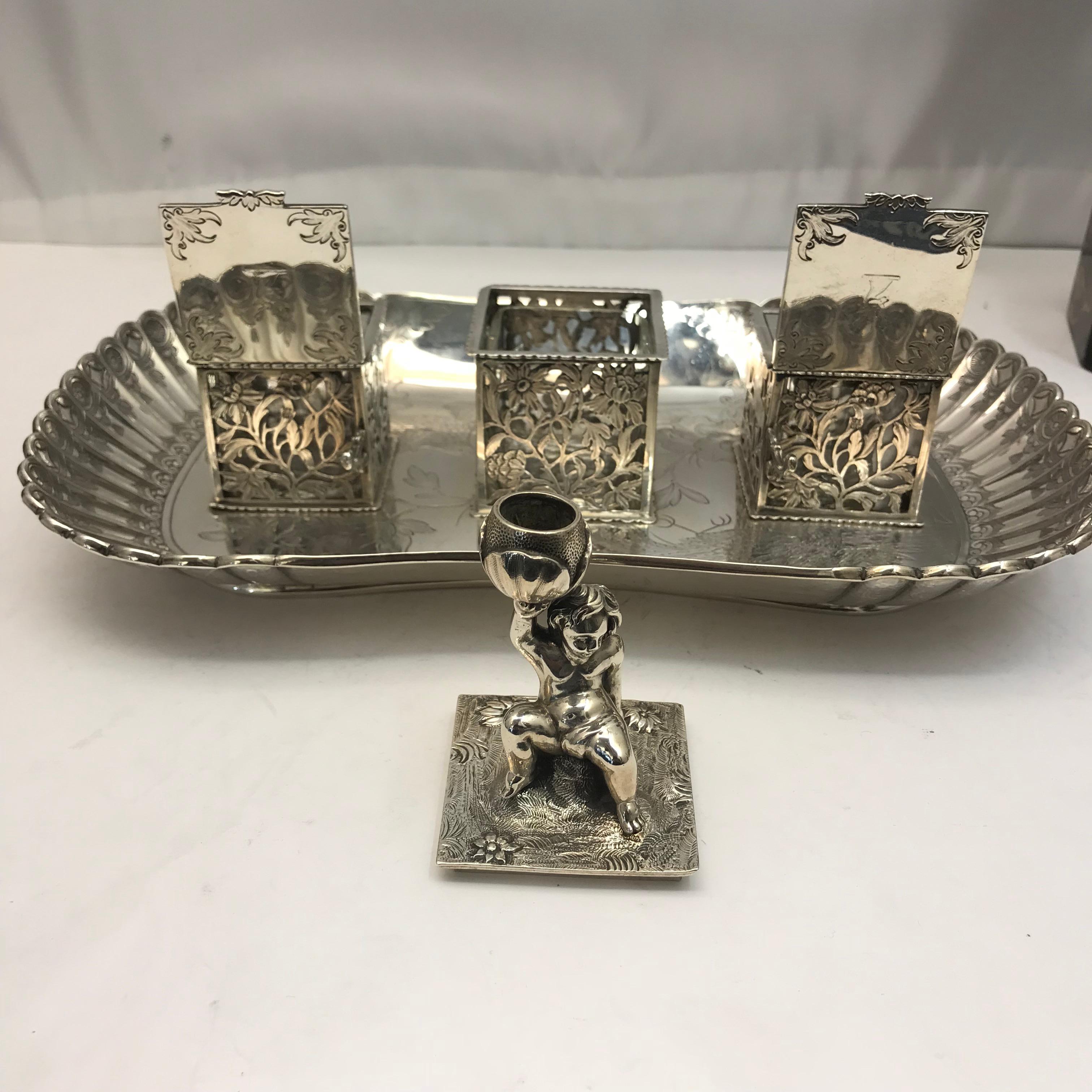 English Decorative Silver Inkwell London, 1856 For Sale