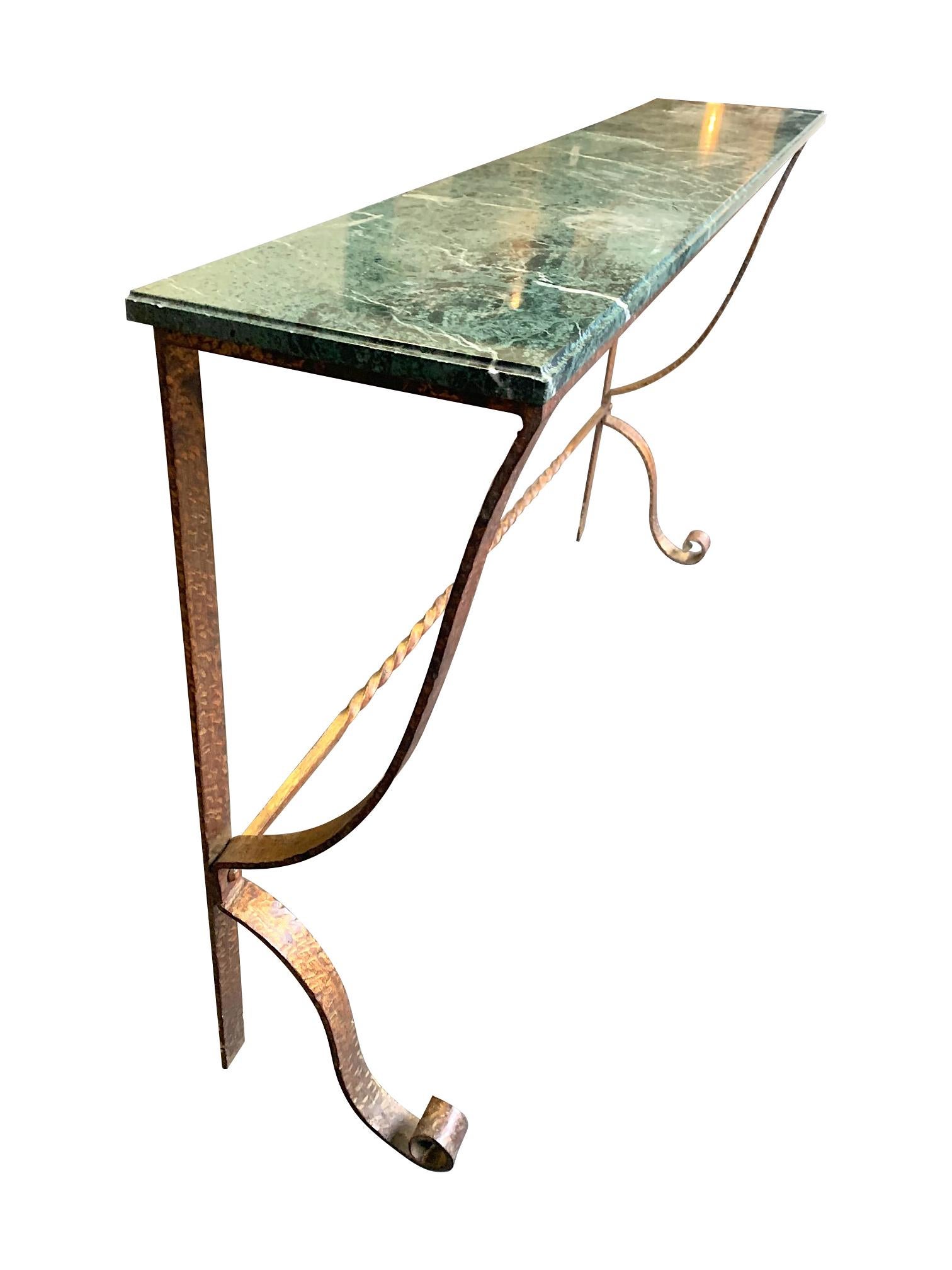 Mid-Century Modern Decorative Spanish 1950s Wrought Iron Gilt Console with Green Marble Top