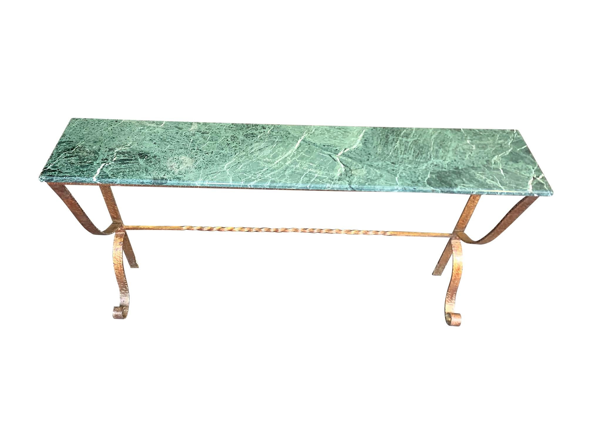 Decorative Spanish 1950s Wrought Iron Gilt Console with Green Marble Top In Good Condition In London, GB