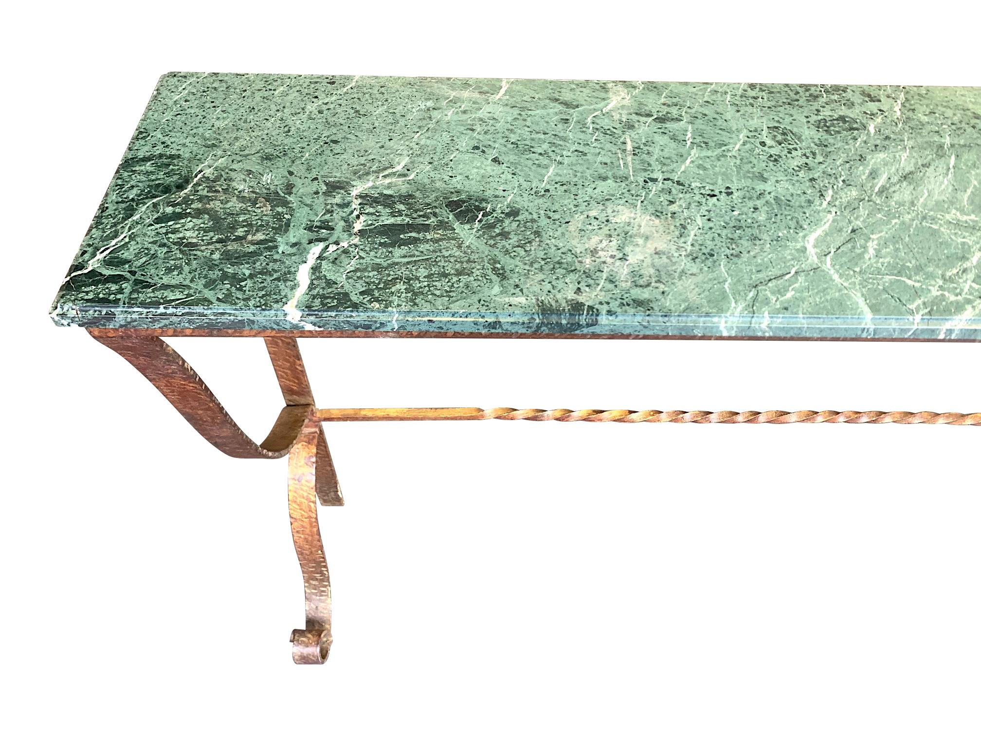 Decorative Spanish 1950s Wrought Iron Gilt Console with Green Marble Top 3