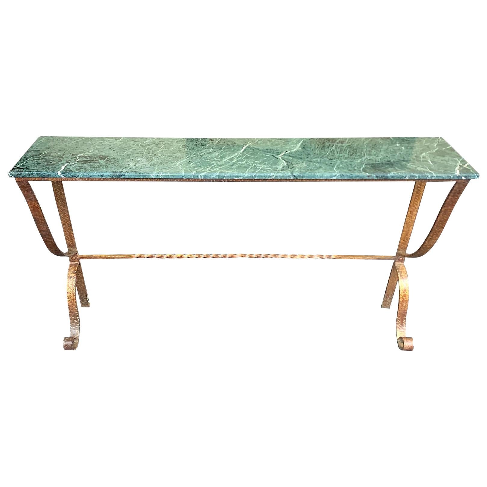 Decorative Spanish 1950s Wrought Iron Gilt Console with Green Marble Top