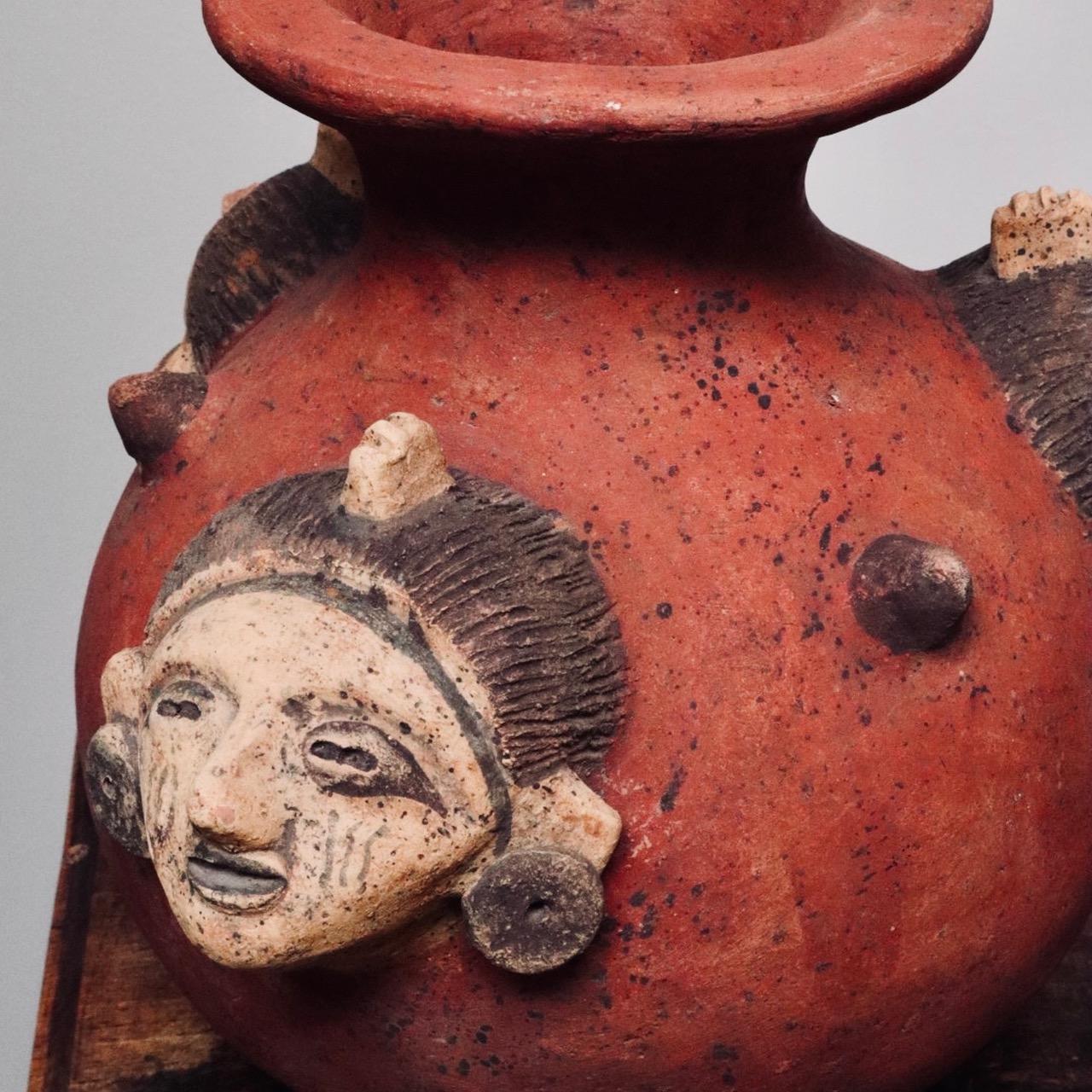 Nicanor is a decorative terra-cotta vessel with ornate figureheads showcasing the craftsmanship of the local artisans.

Discovered in an abandoned potters studio in the state of Jalisco, Mexico.

Nicanor
Mexico, 1980
Dimensions: 8
