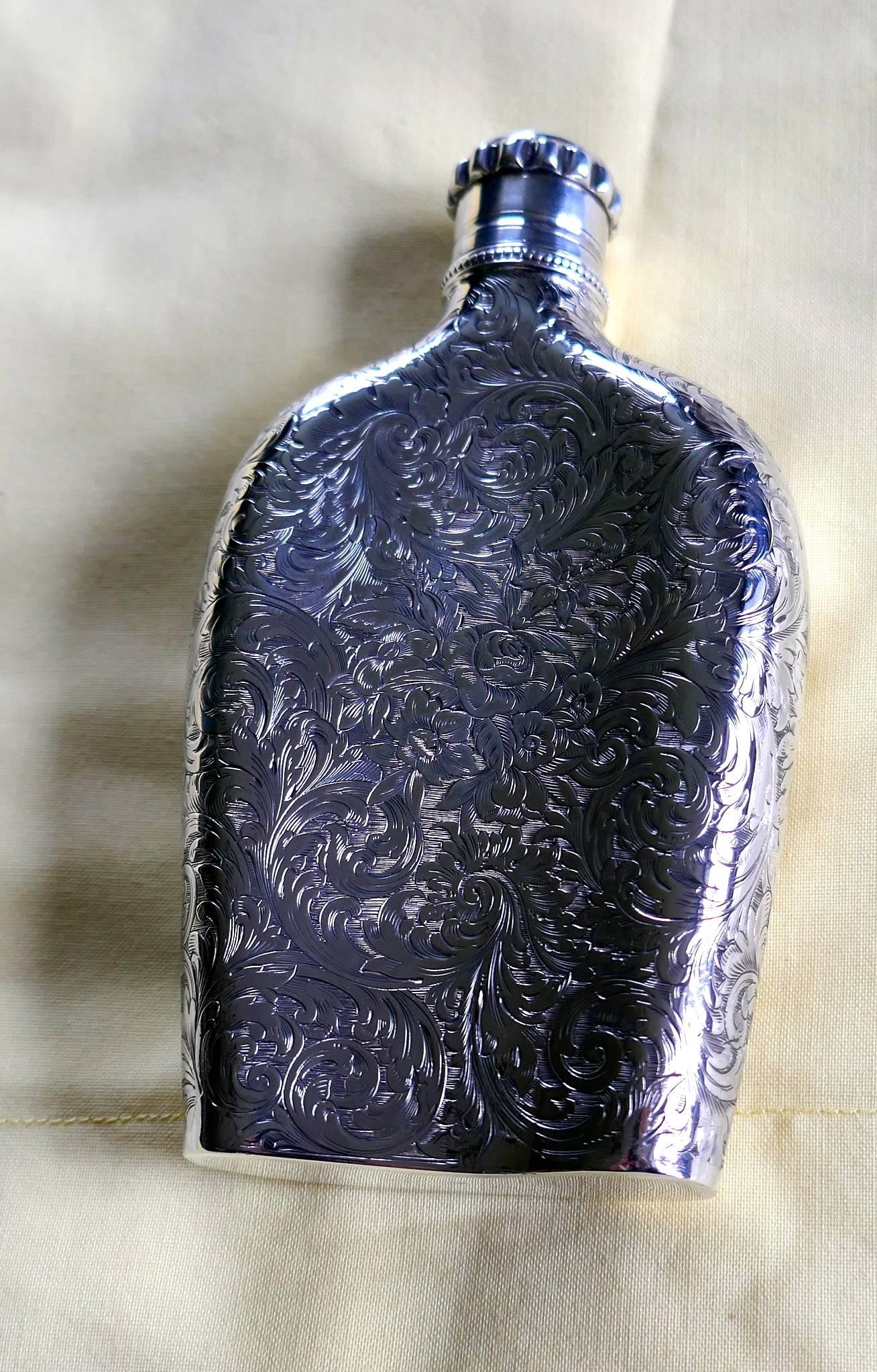Decoratively Engraved Victorian Silver Spirit Flask, Hilliard & Thomason 1861 4