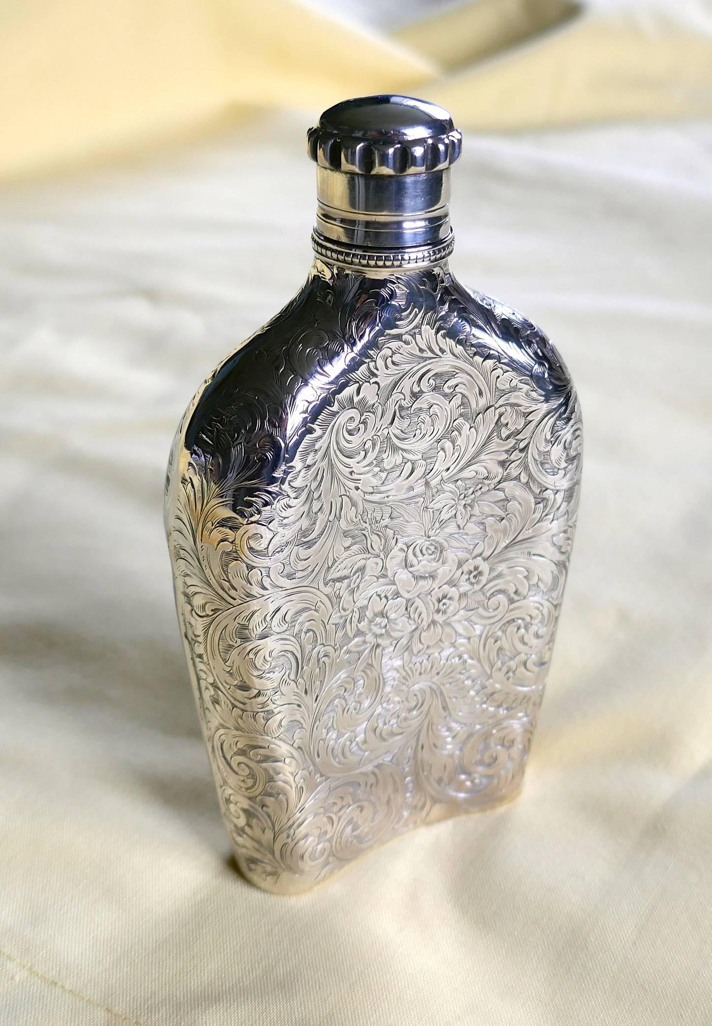 Decoratively Engraved Victorian Silver Spirit Flask, Hilliard & Thomason 1861 5