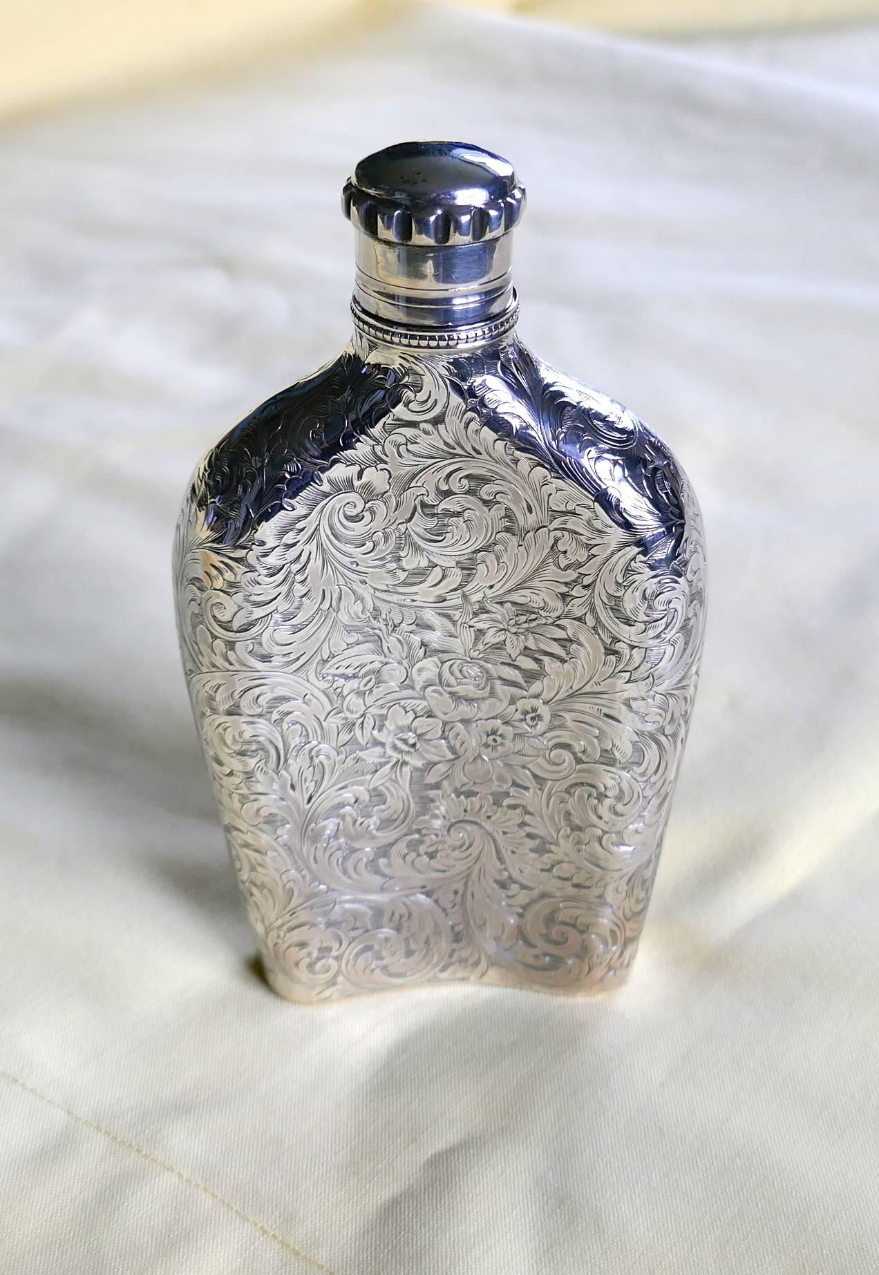 Decoratively Engraved Victorian Silver Spirit Flask, Hilliard & Thomason 1861 6