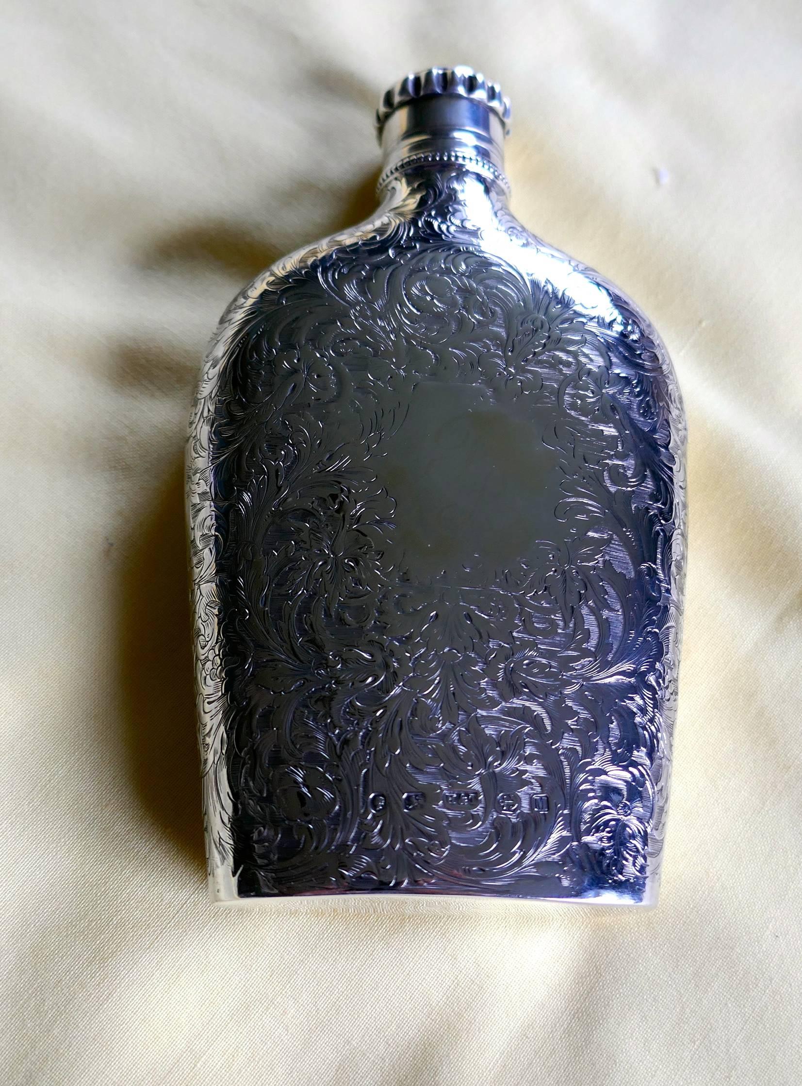 High Victorian Decoratively Engraved Victorian Silver Spirit Flask, Hilliard & Thomason 1861