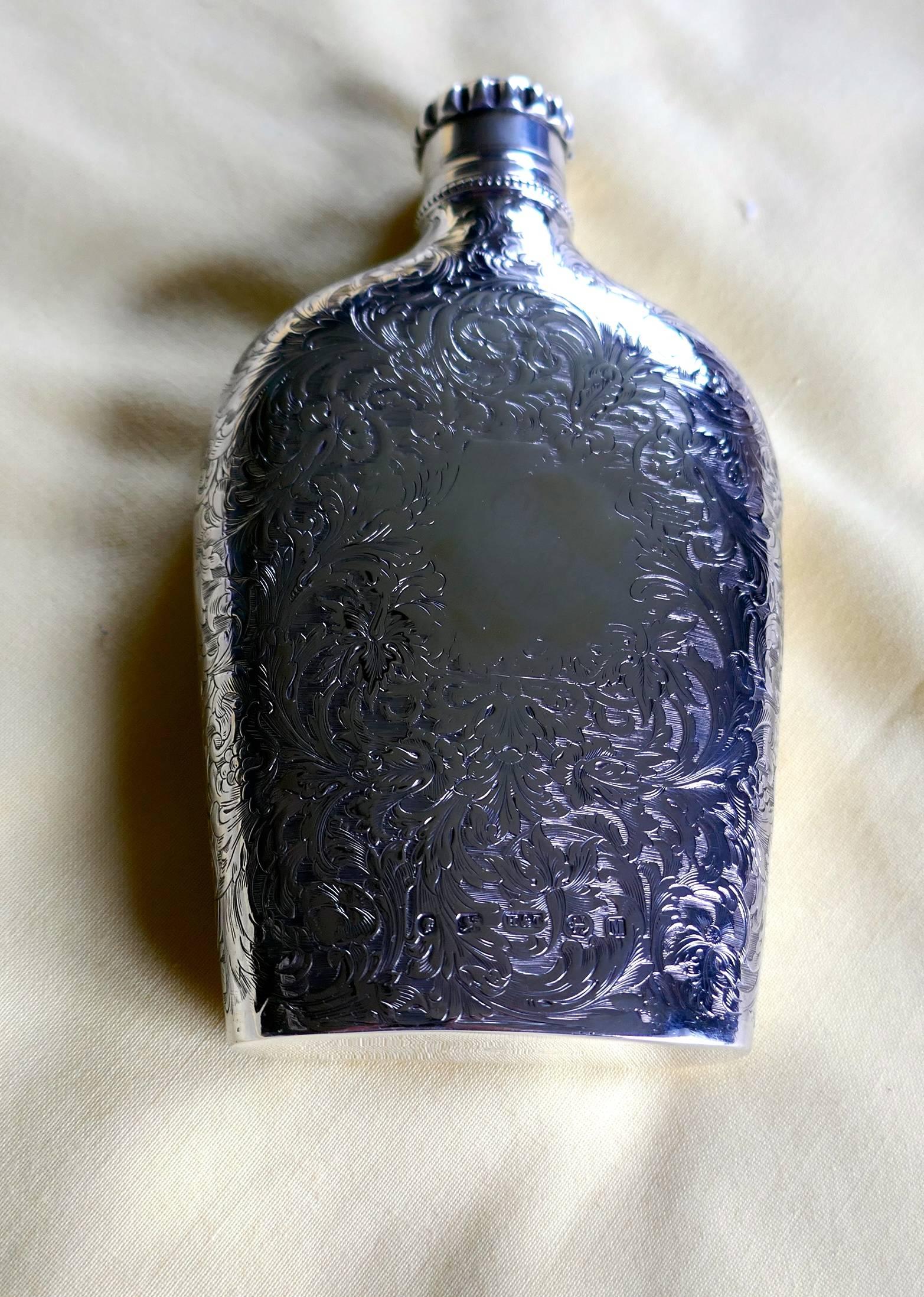 Decoratively Engraved Victorian Silver Spirit Flask, Hilliard & Thomason 1861 In Good Condition In Chillerton, Isle of Wight