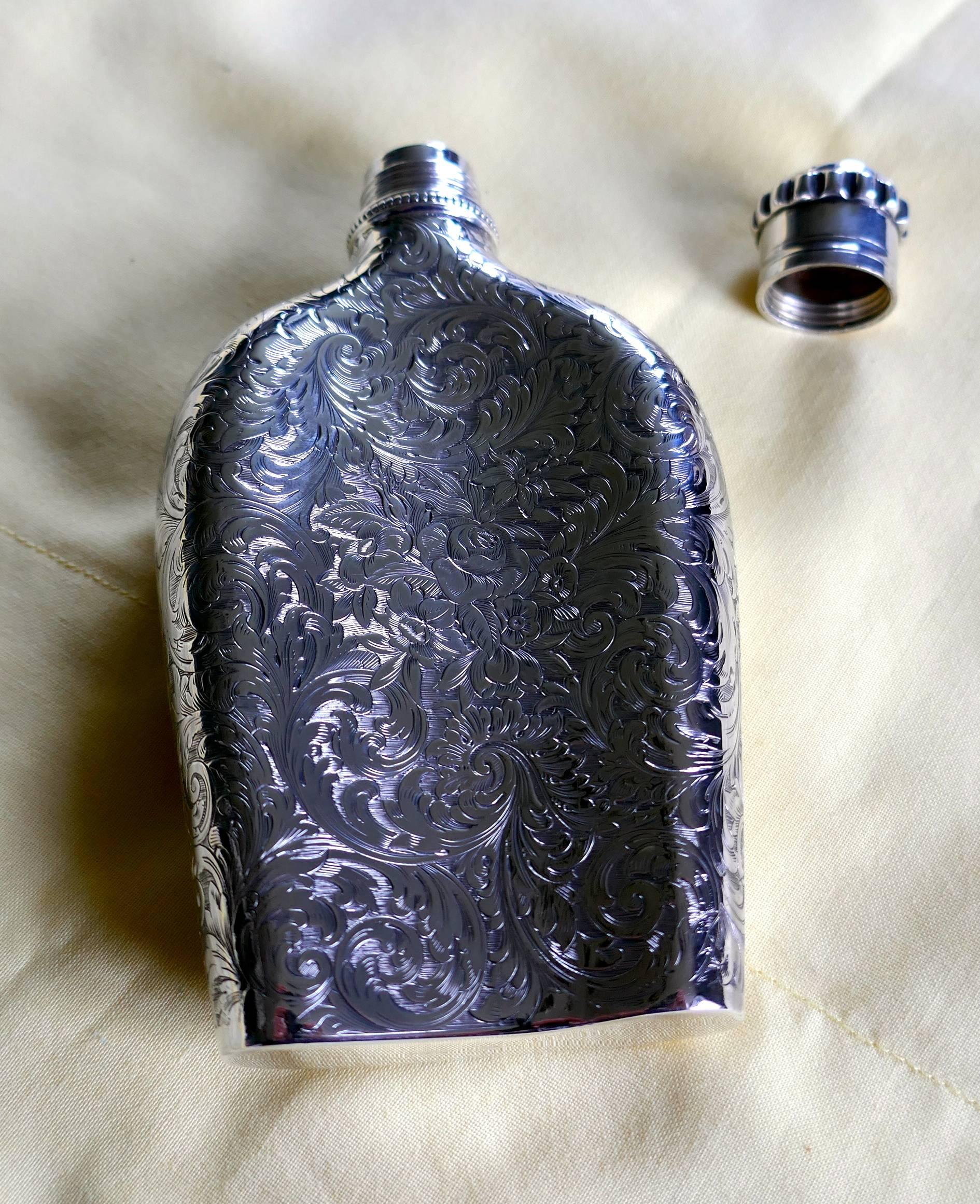 19th Century Decoratively Engraved Victorian Silver Spirit Flask, Hilliard & Thomason 1861