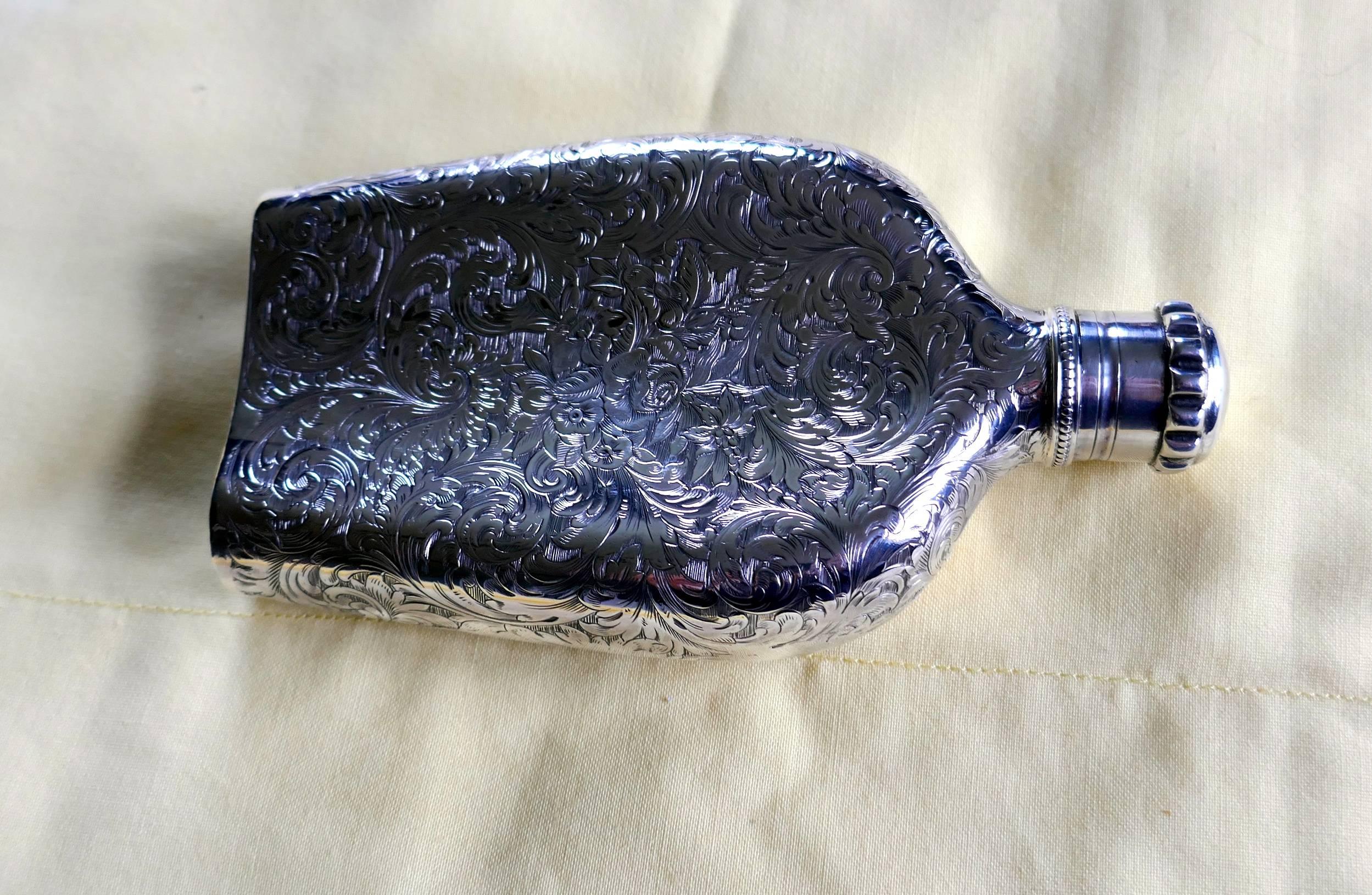 Decoratively Engraved Victorian Silver Spirit Flask, Hilliard & Thomason 1861 3