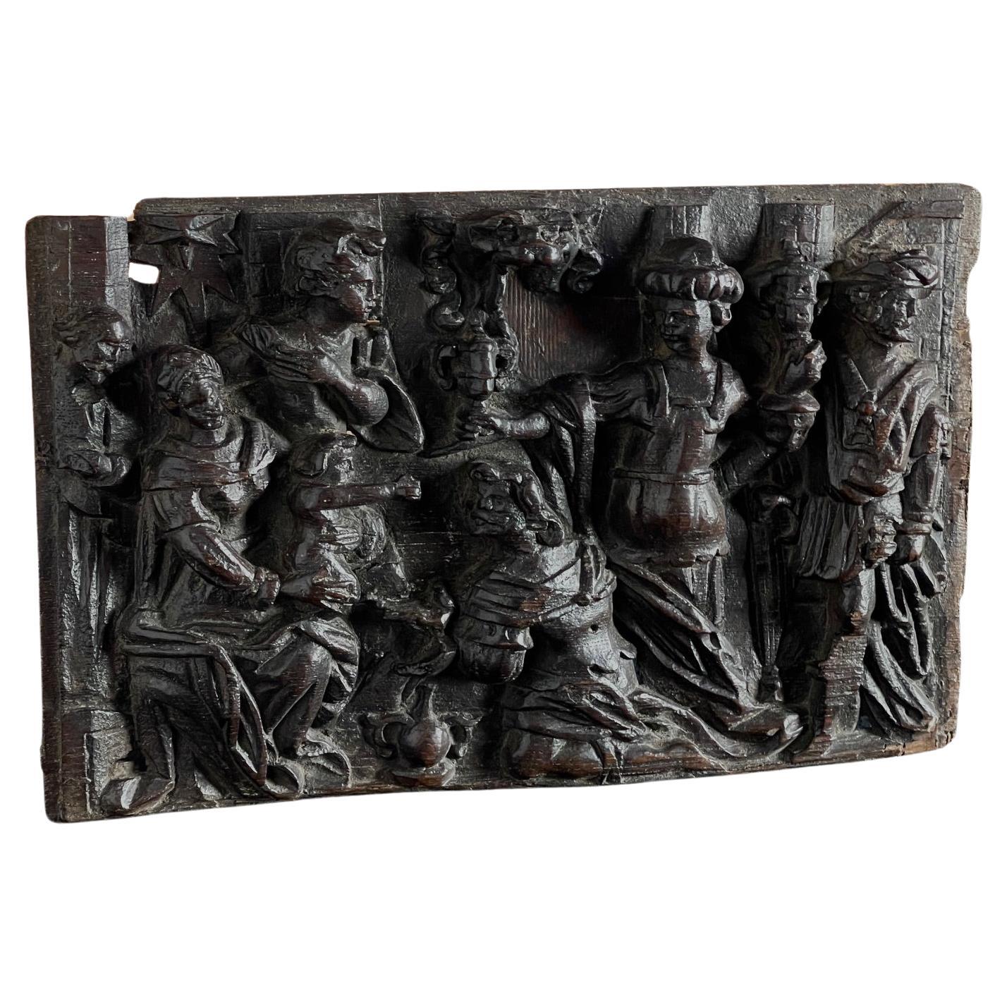 A deep and well carved panel English oak 16th century For Sale