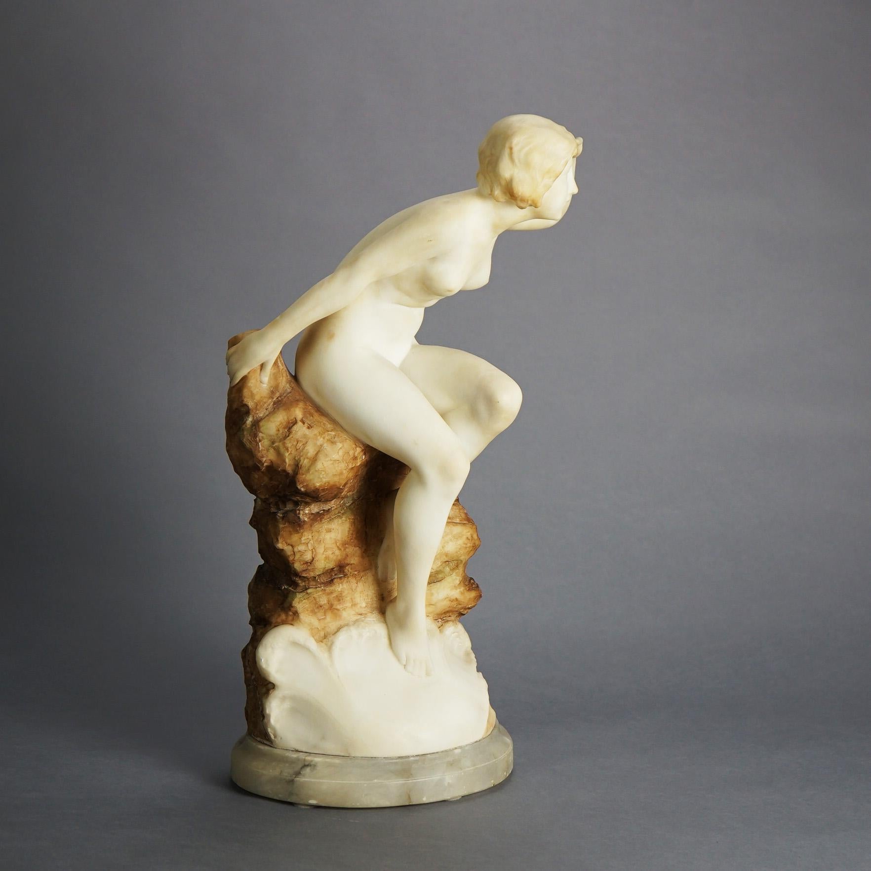 Antique Italian Carved Alabaster & Marble Sculpture by A. Del Porujia, Nude Sea Nymph Seated on the Shore Rocks Looking into the Sea, Signed, C1910

Measures- 21.75''H x 11''W x 10''D