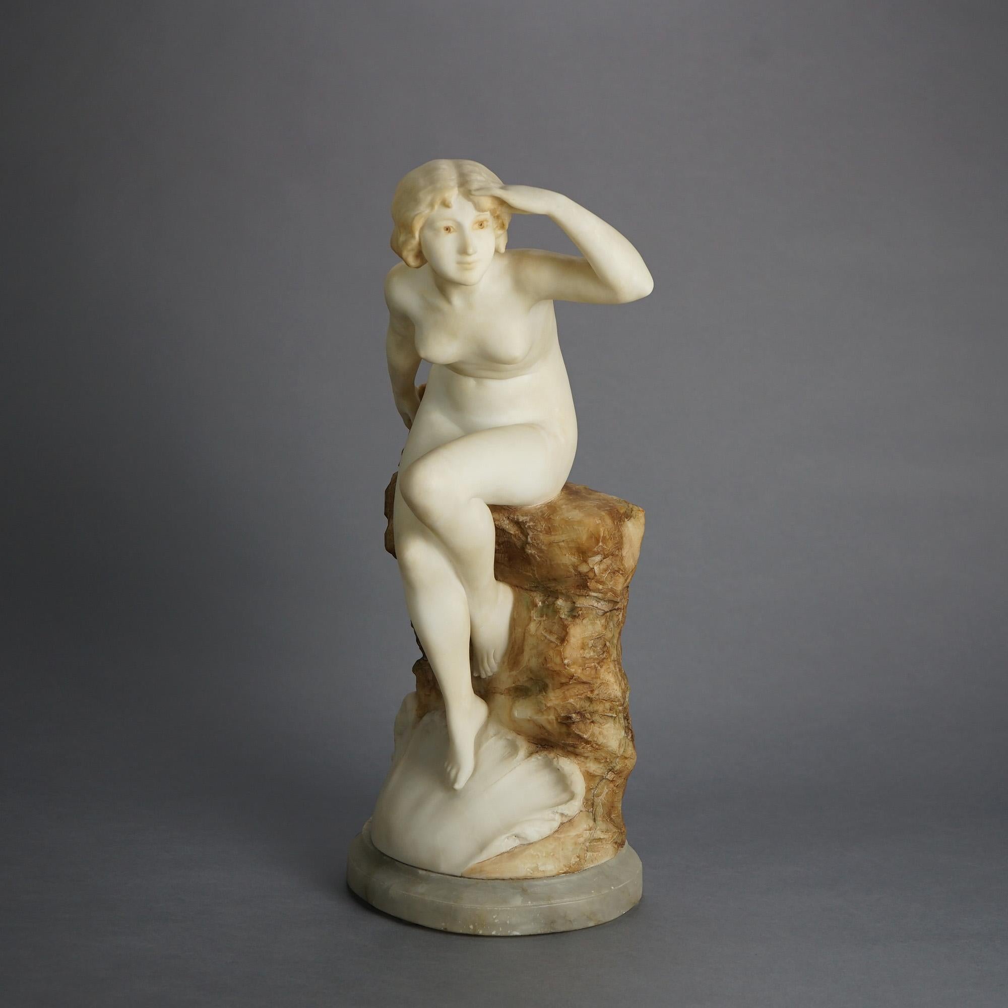 A. Del Porujia Alabaster & Marble Nude Sea Nymph Sculpture C1910 In Good Condition In Big Flats, NY