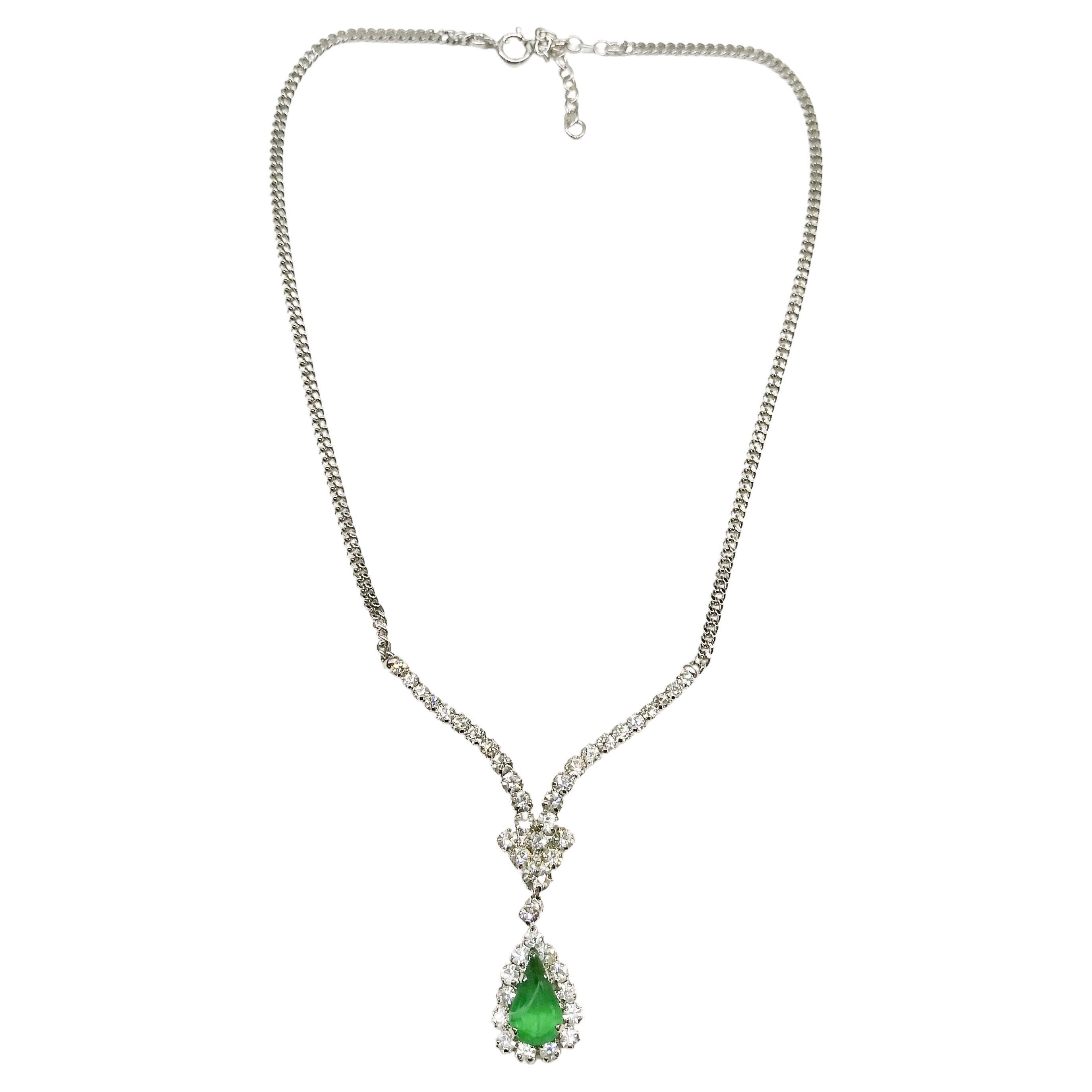 A delicate emerald and clear paste pendant necklace, Christian Dior, 1970s For Sale
