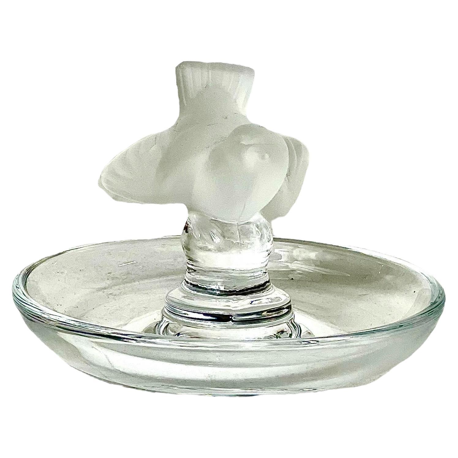 Lalique Crystal Ring Dish with a Sparrow Embellishment For Sale