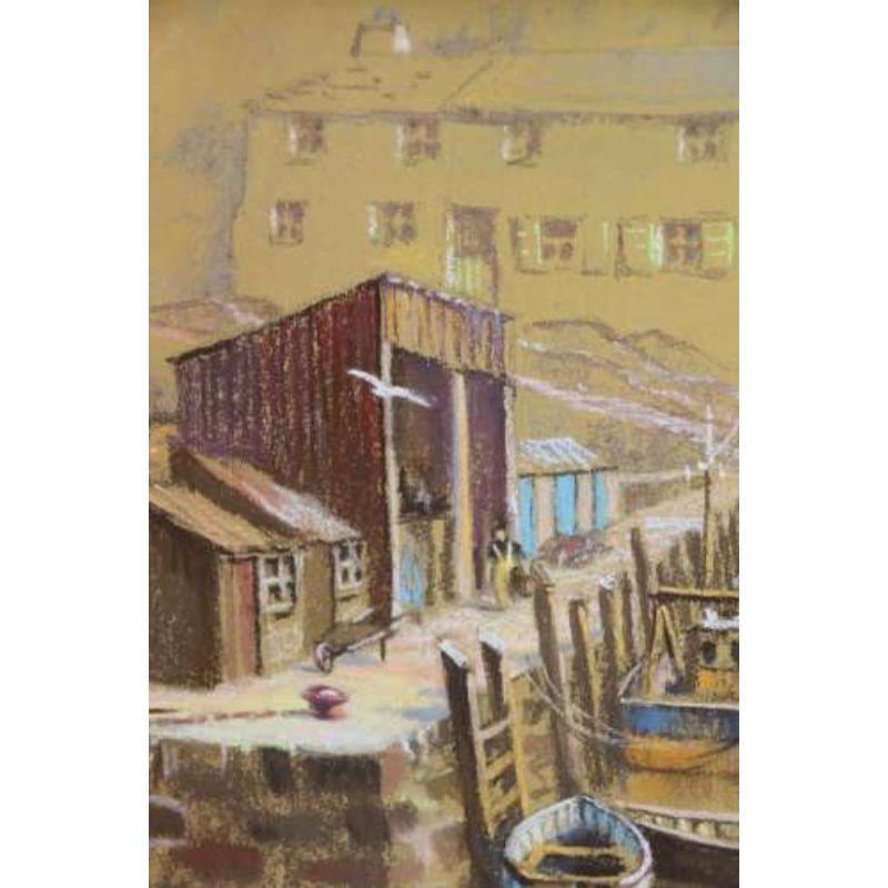 Peint à la main Un délicieux dessin pastel du Harbour Polperro, Cornouailles, vers 1950 en vente