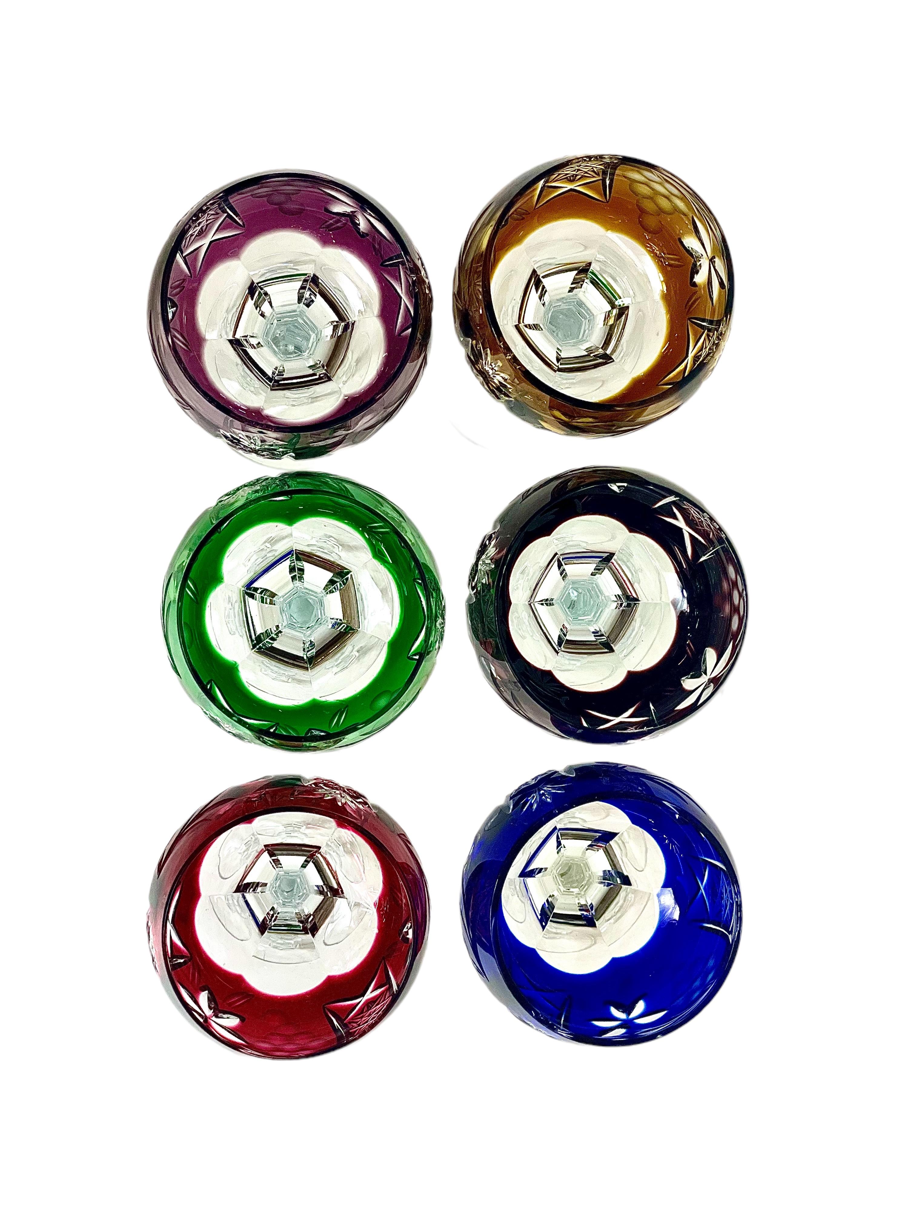 French Delightful Set of Six Multi-Coloured Crystal Rhine Wine Glasses