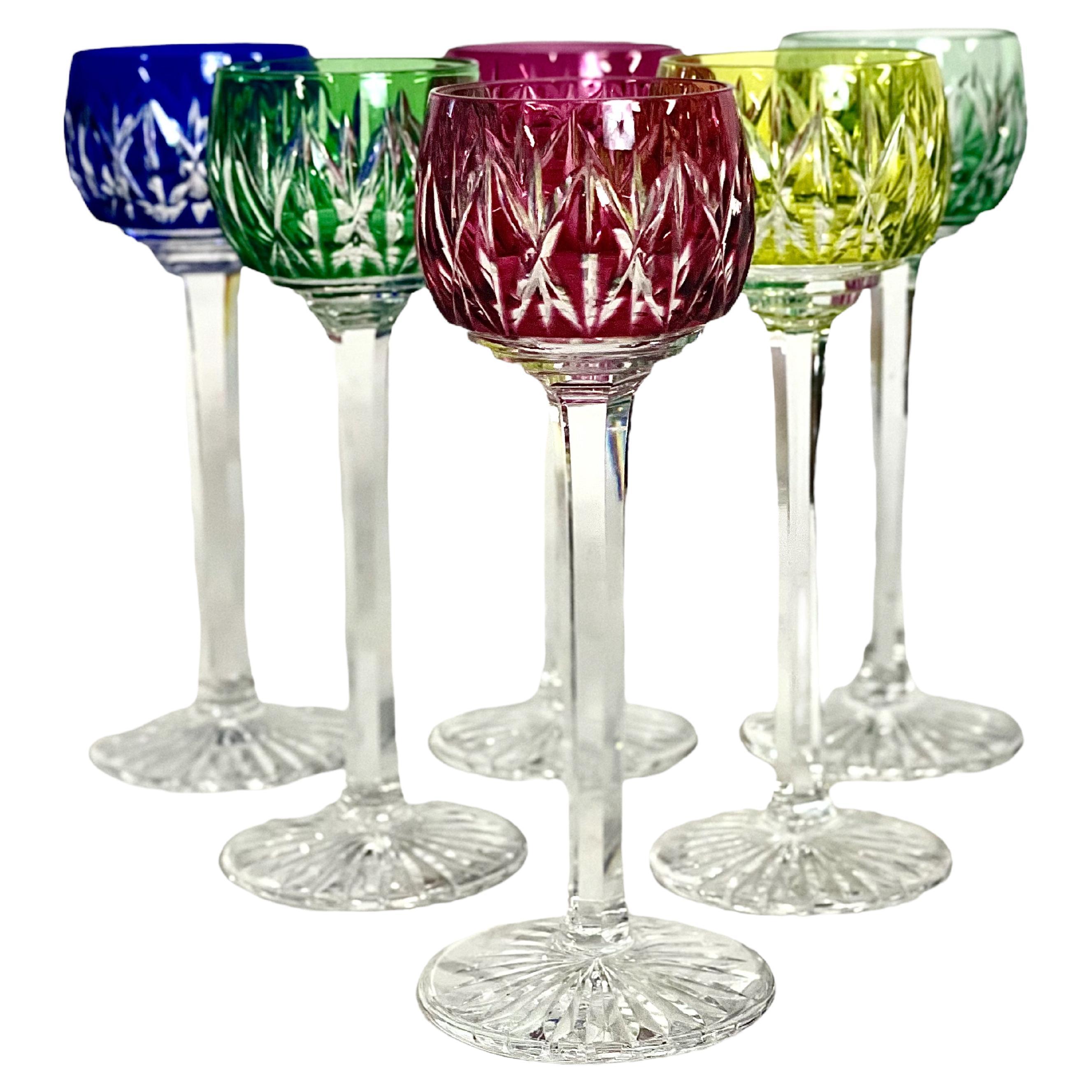 Set of Six Saint Louis Coloured Crystal Liqueur Glasses