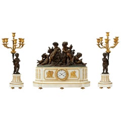 Deniere France White Marble and Gilt Bronze Clock Set