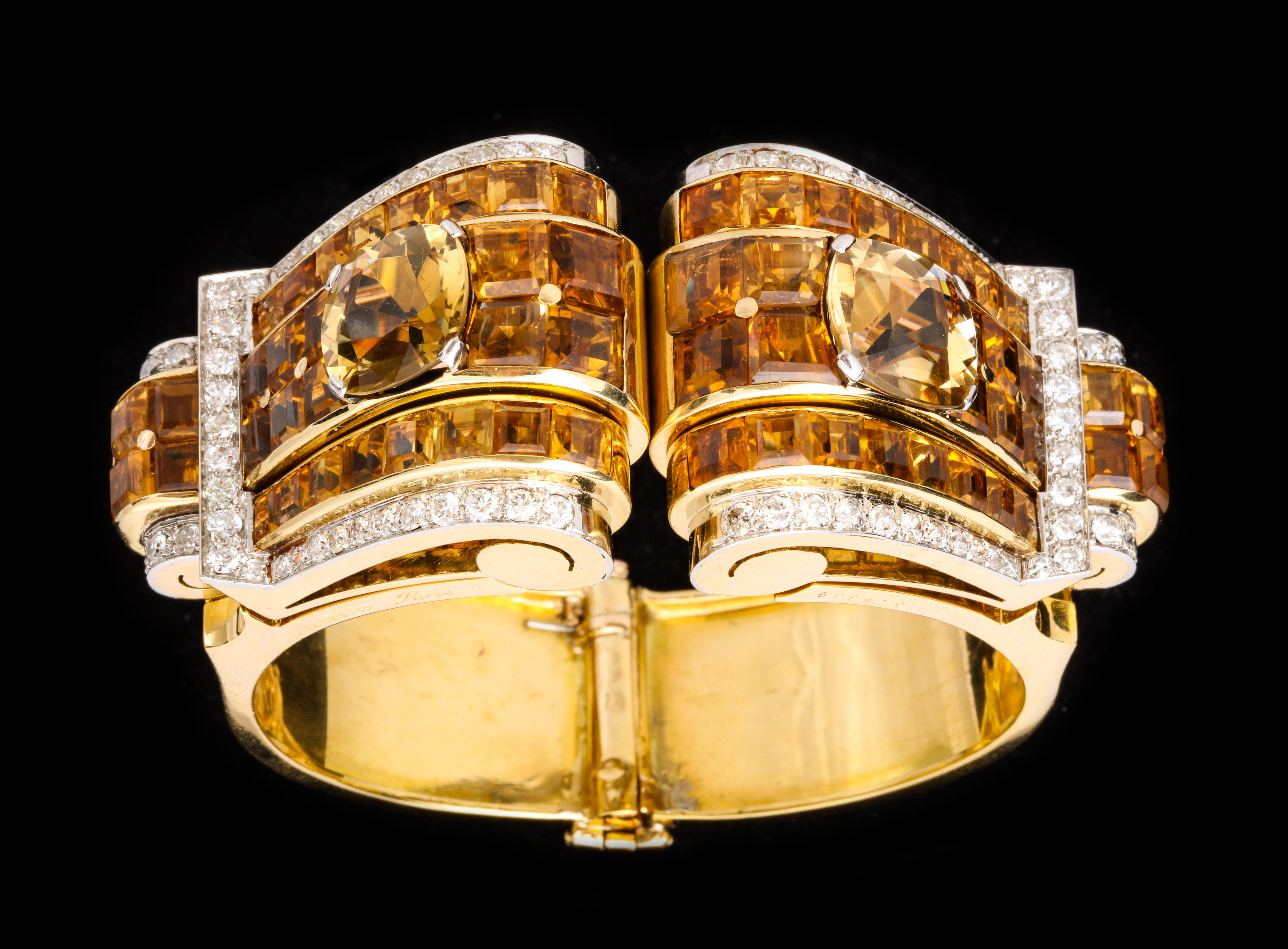 A Detachable Citrine and Diamond Retro cuff Bracelet In Excellent Condition In New York, NY