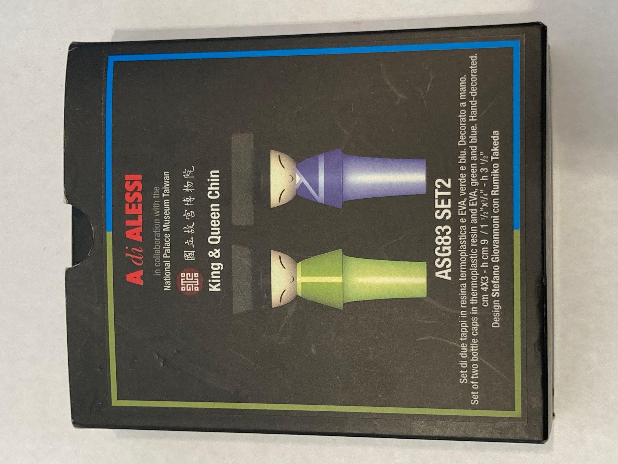 Juego de 2 tapones para botellas A di Alessi King y Queen Chin en azul y verde en venta 2