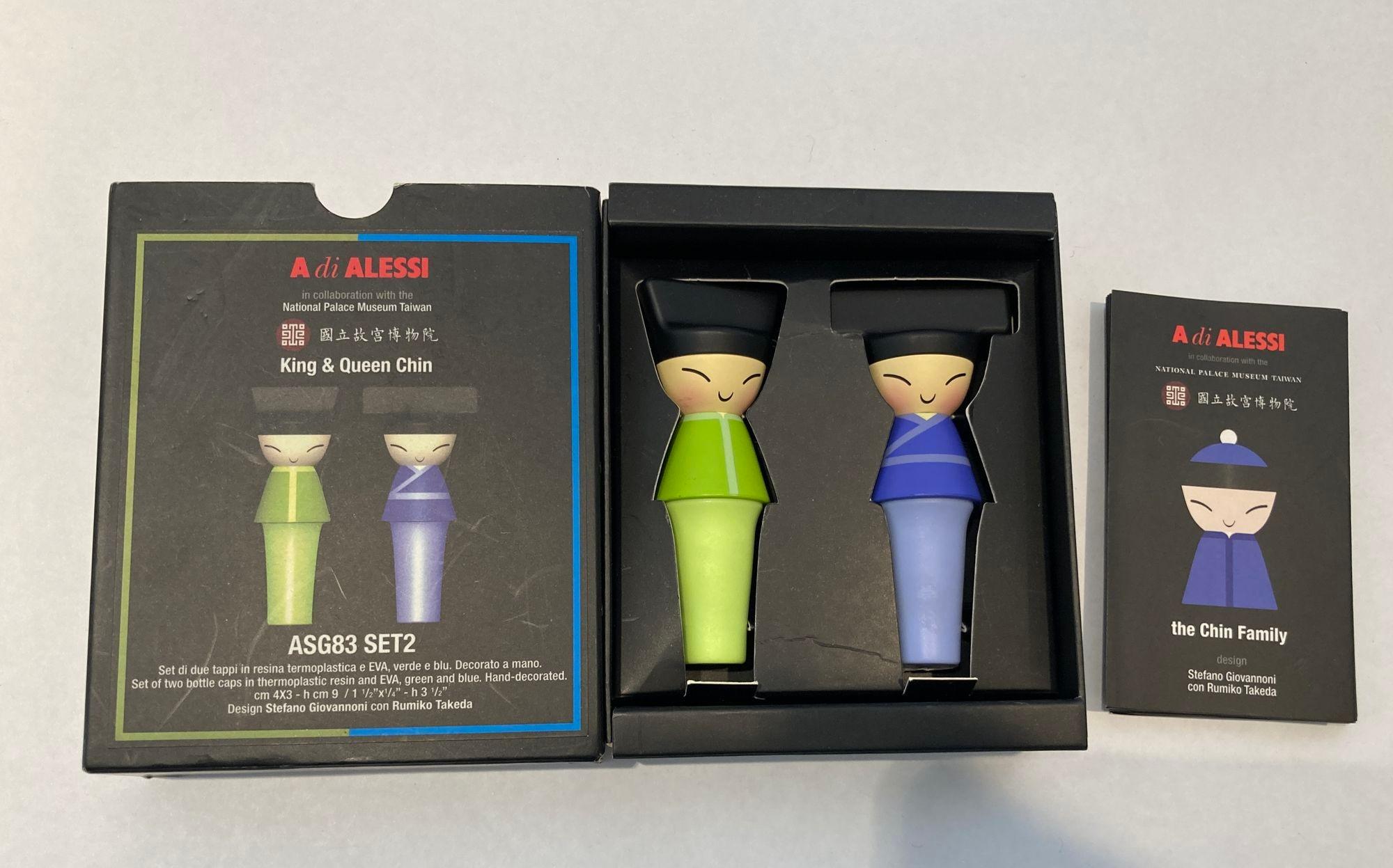 Juego de 2 tapones para botellas A di Alessi King y Queen Chin en azul y verde Italiano en venta