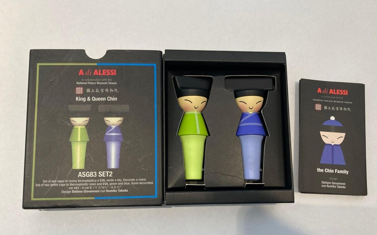 A di Alessi King and Queen Chin set of 2 Bottle Stops in Blue and