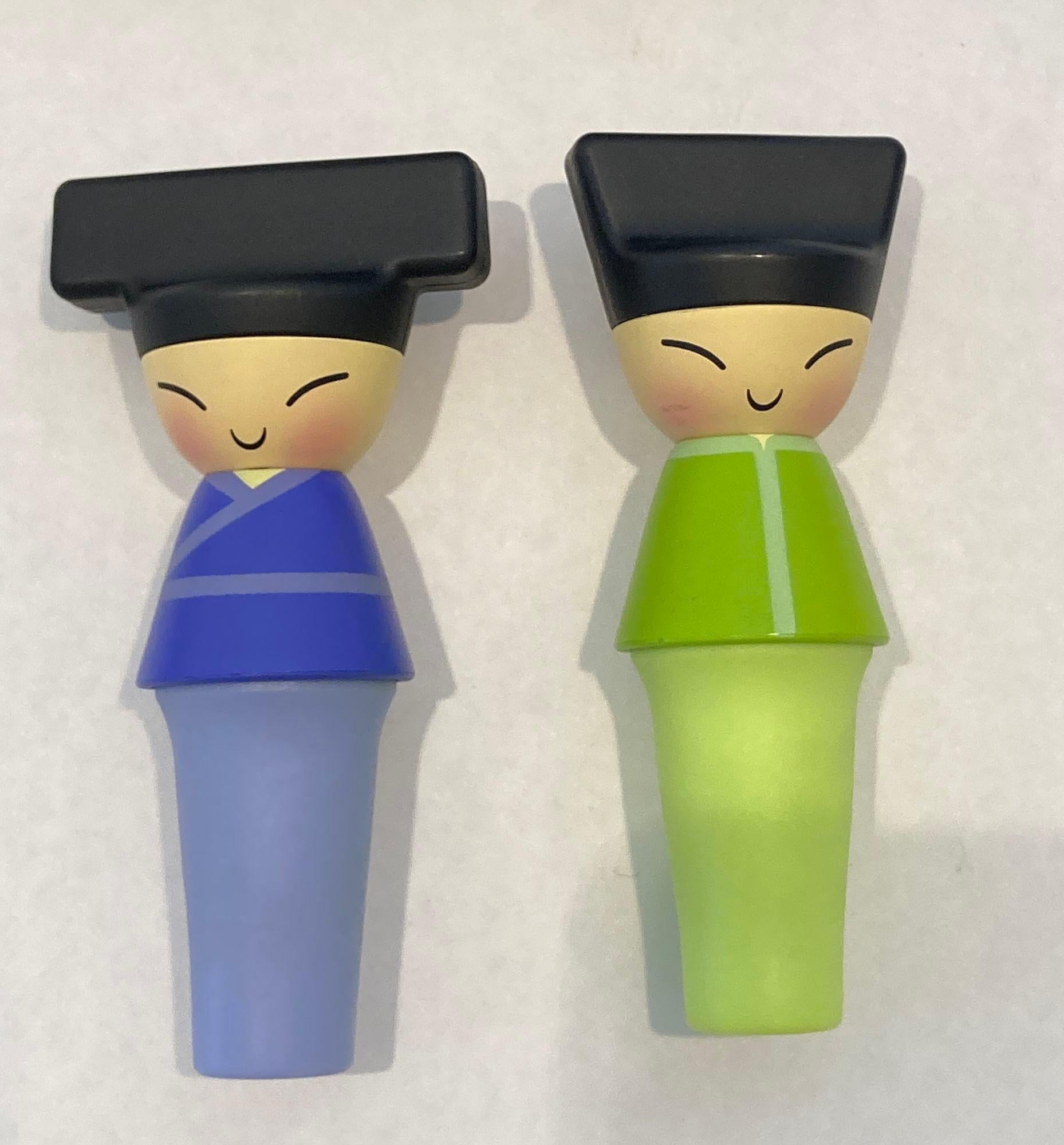 Juego de 2 tapones para botellas A di Alessi King y Queen Chin en azul y verde siglo XX en venta